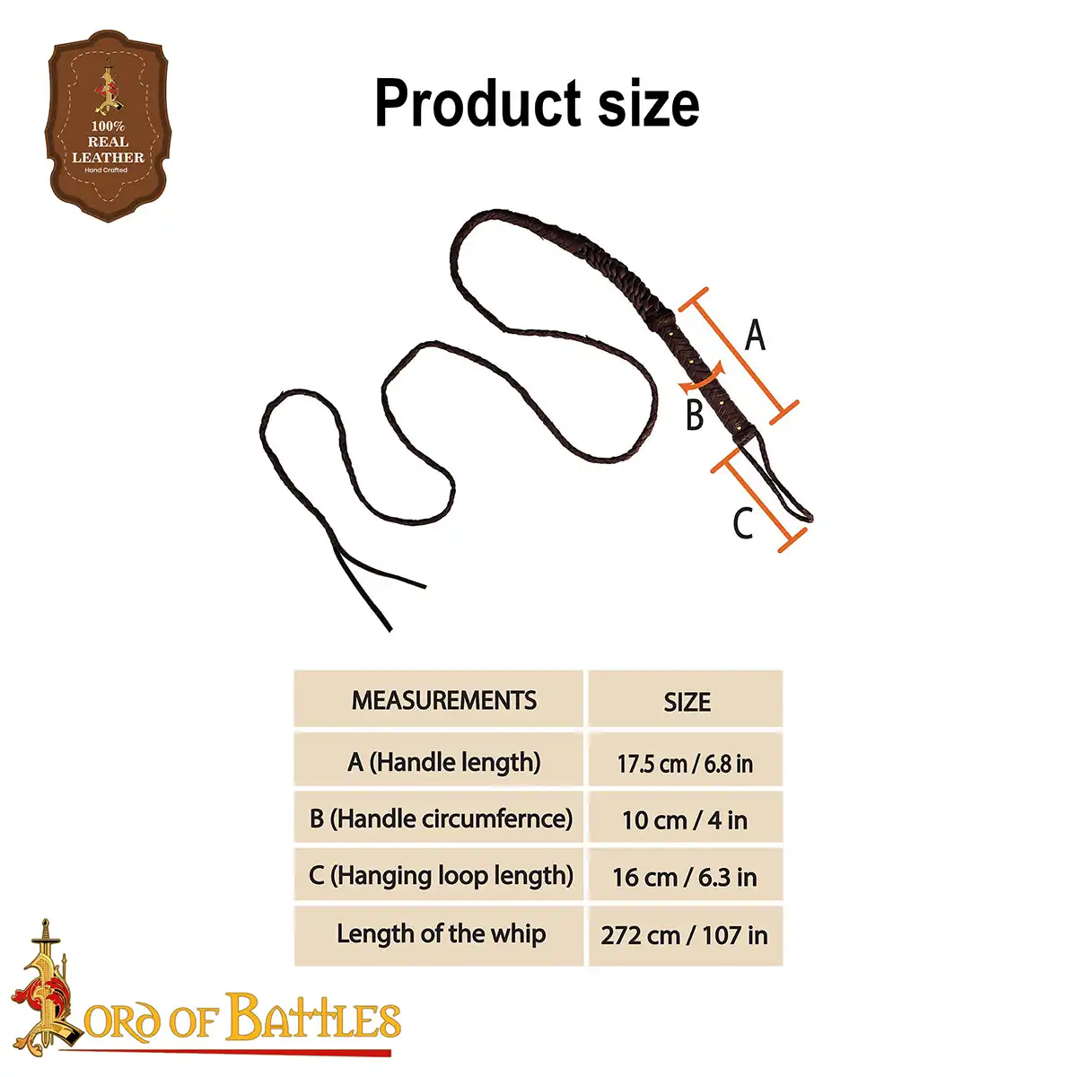 Rustic Medieval Leather Bull Whip, Hand-Braided Craftsmanship with Brass Rivets - Image 3
