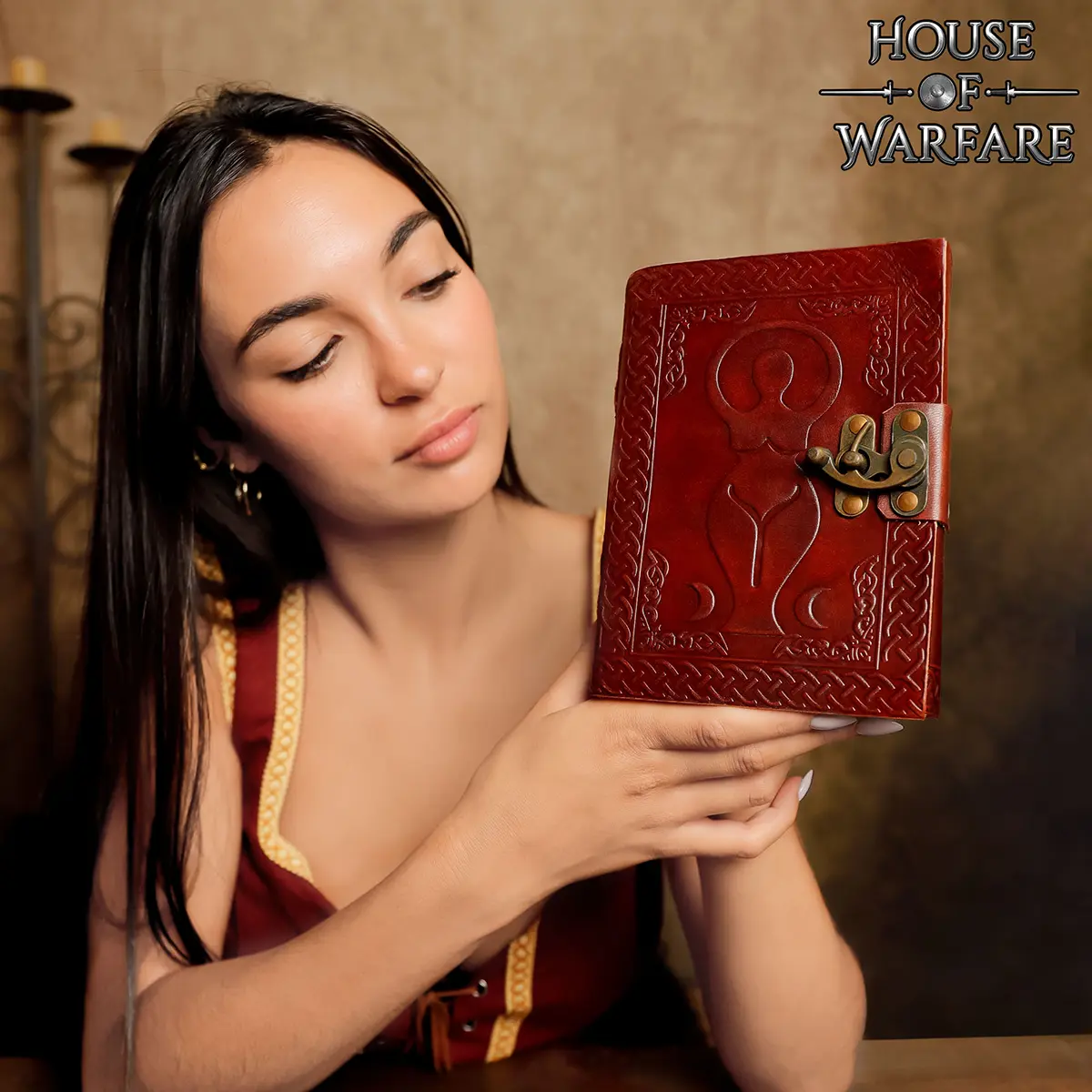 Medieval Goddess Embossed Leather Journal – Handmade Diary with Brass Lock - Image 2