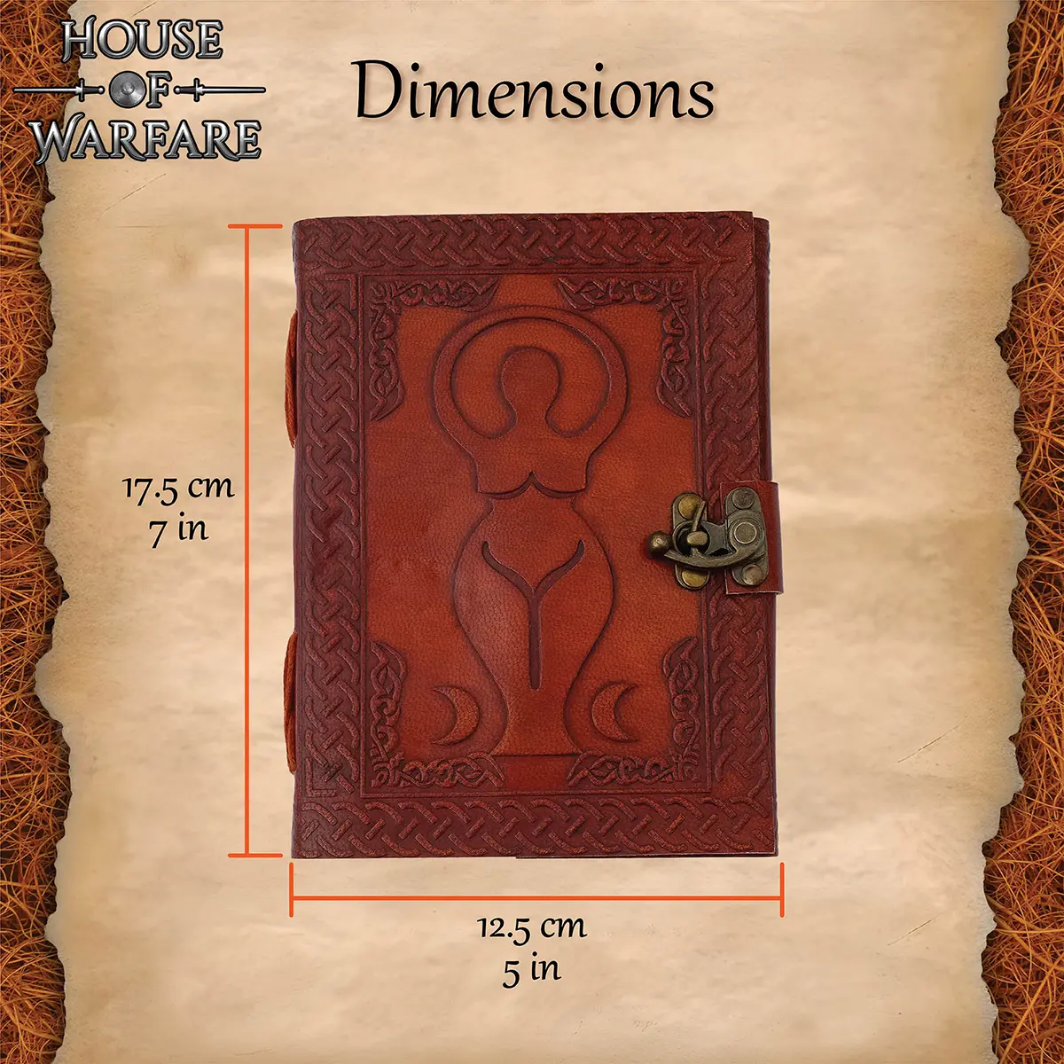 Medieval Goddess Embossed Leather Journal – Handmade Diary with Brass Lock - Image 3