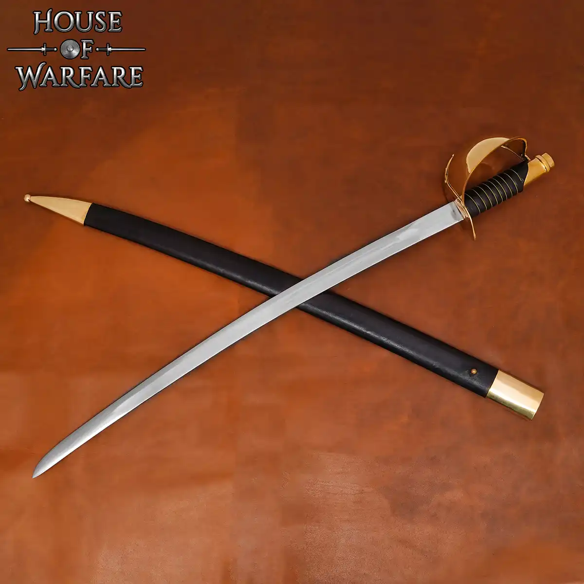 19th Century Collector’s Naval Cutlass Sword Carbon Steel Blade with Brass Guard & Leather Scabbard for Display - Image 2