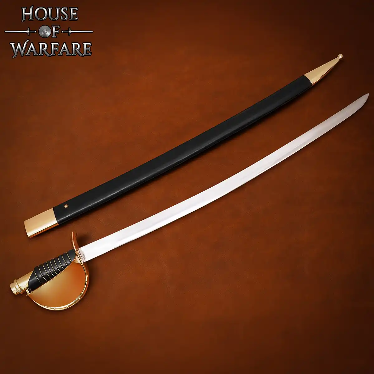 19th Century Collector’s Naval Cutlass Sword Carbon Steel Blade with Brass Guard & Leather Scabbard for Display - Image 4