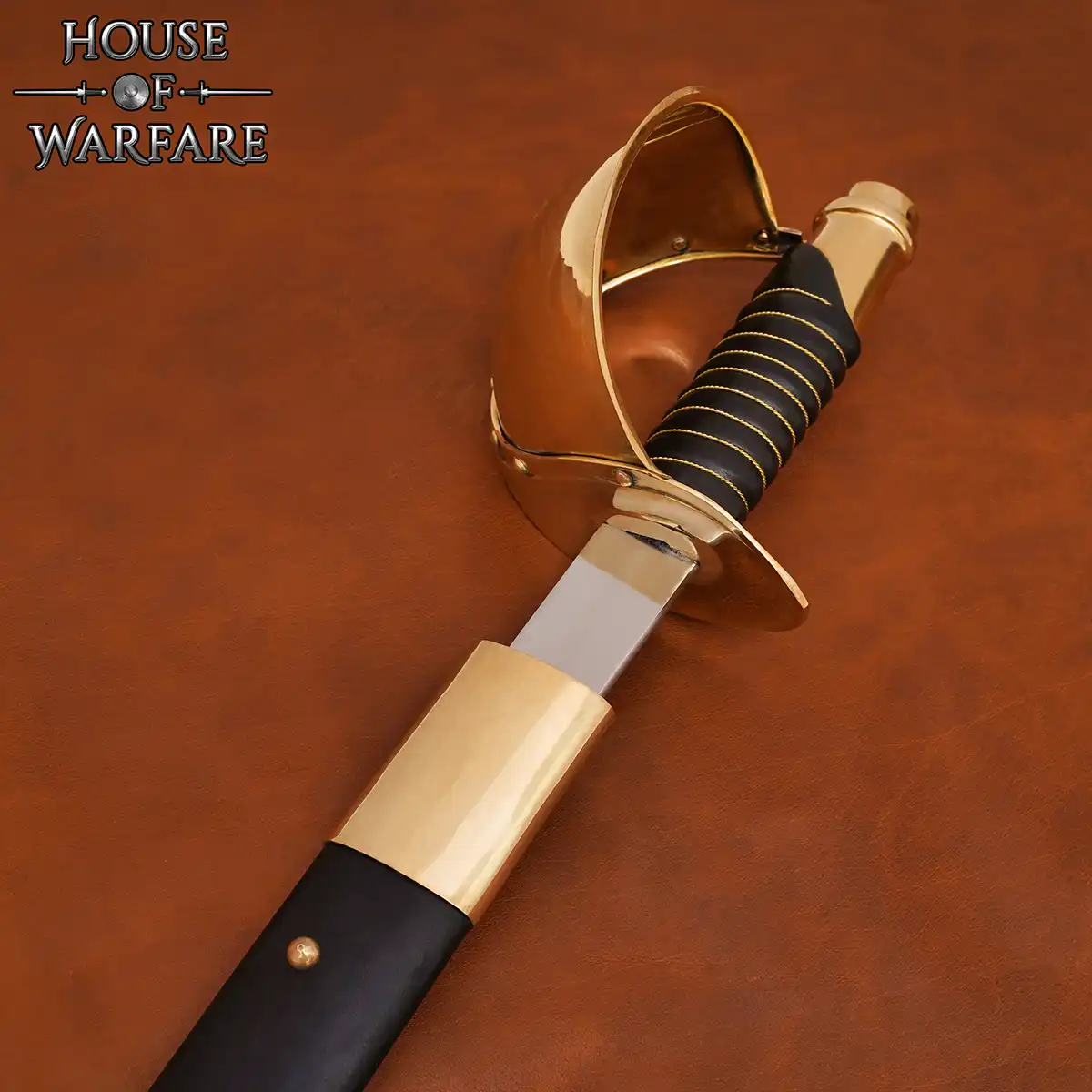 19th Century Collector’s Naval Cutlass Sword Carbon Steel Blade with Brass Guard & Leather Scabbard for Display - Image 5