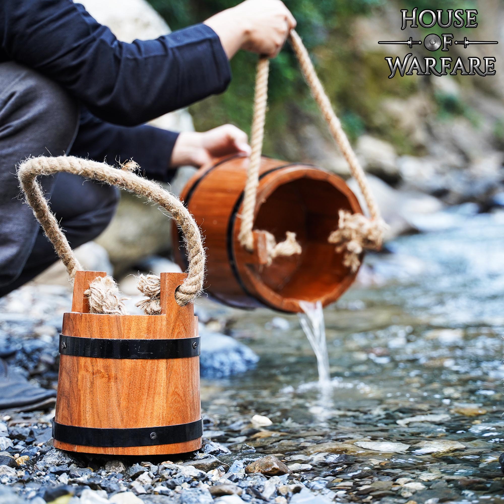 15th Century Medieval Wooden Water Bucket with Rope Handle 1 Medieval Wooden Buckets