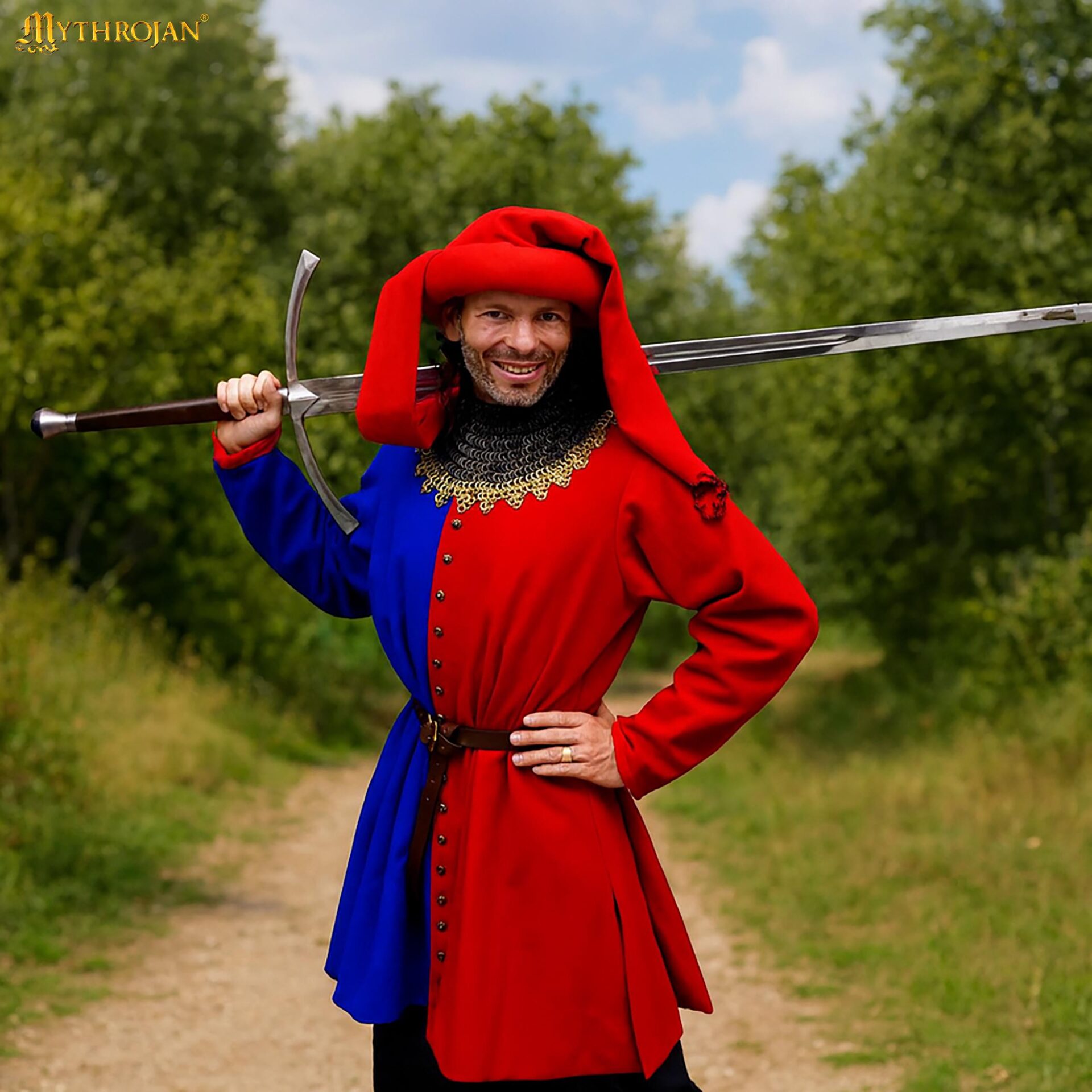 Late Medieval Houppelande Gown Wool & Cotton Lined Historical Costume with Brass Buttons - 301071RDBL 1 Houppelande