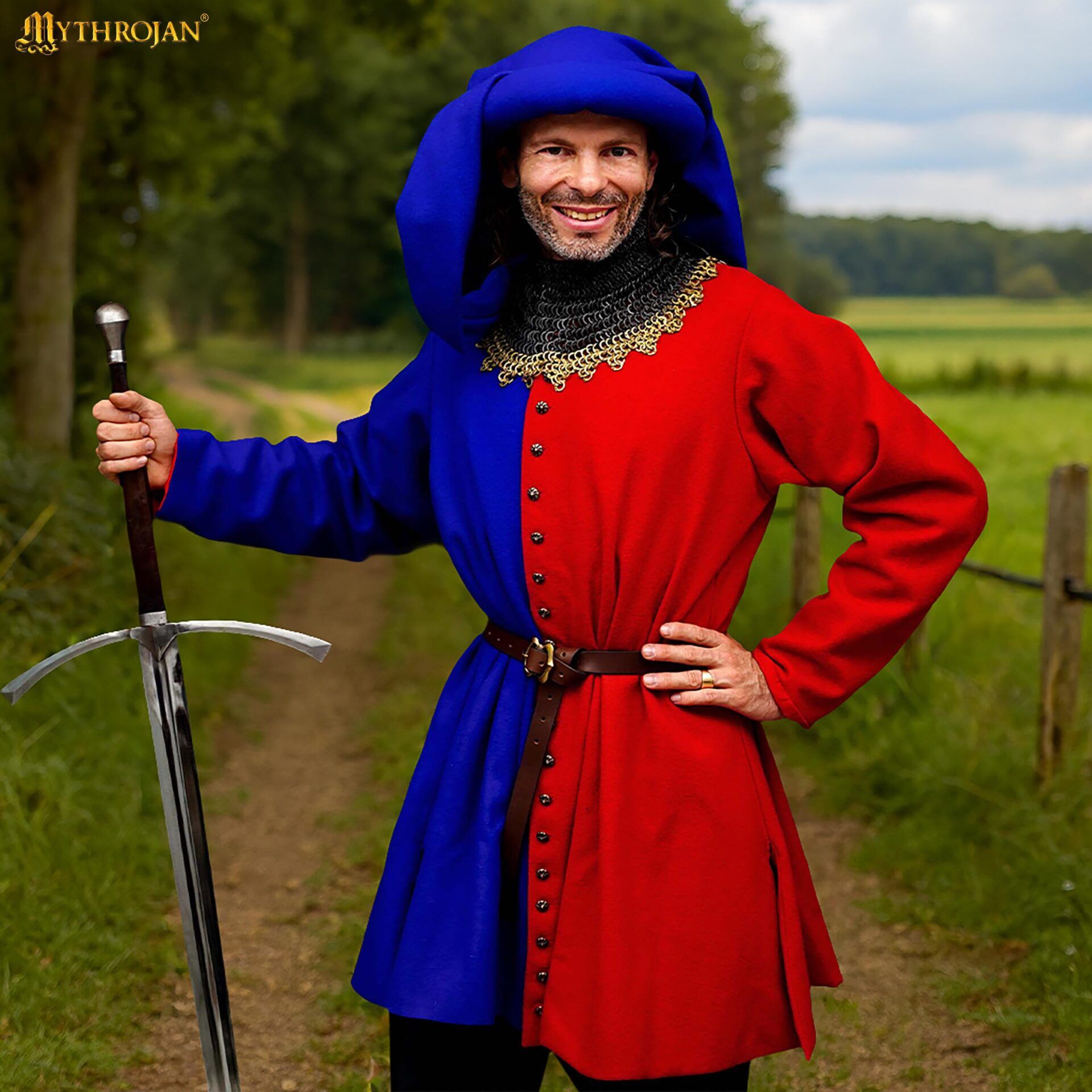 Late Medieval Houppelande Gown Wool & Cotton Lined Historical Costume with Brass Buttons - 301071RDBL Houppelande