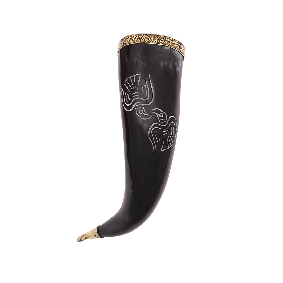 Engraved Viking Drinking Horn -Polished Ox Horn with Brass Rim & Tip | Norse Bird Motif