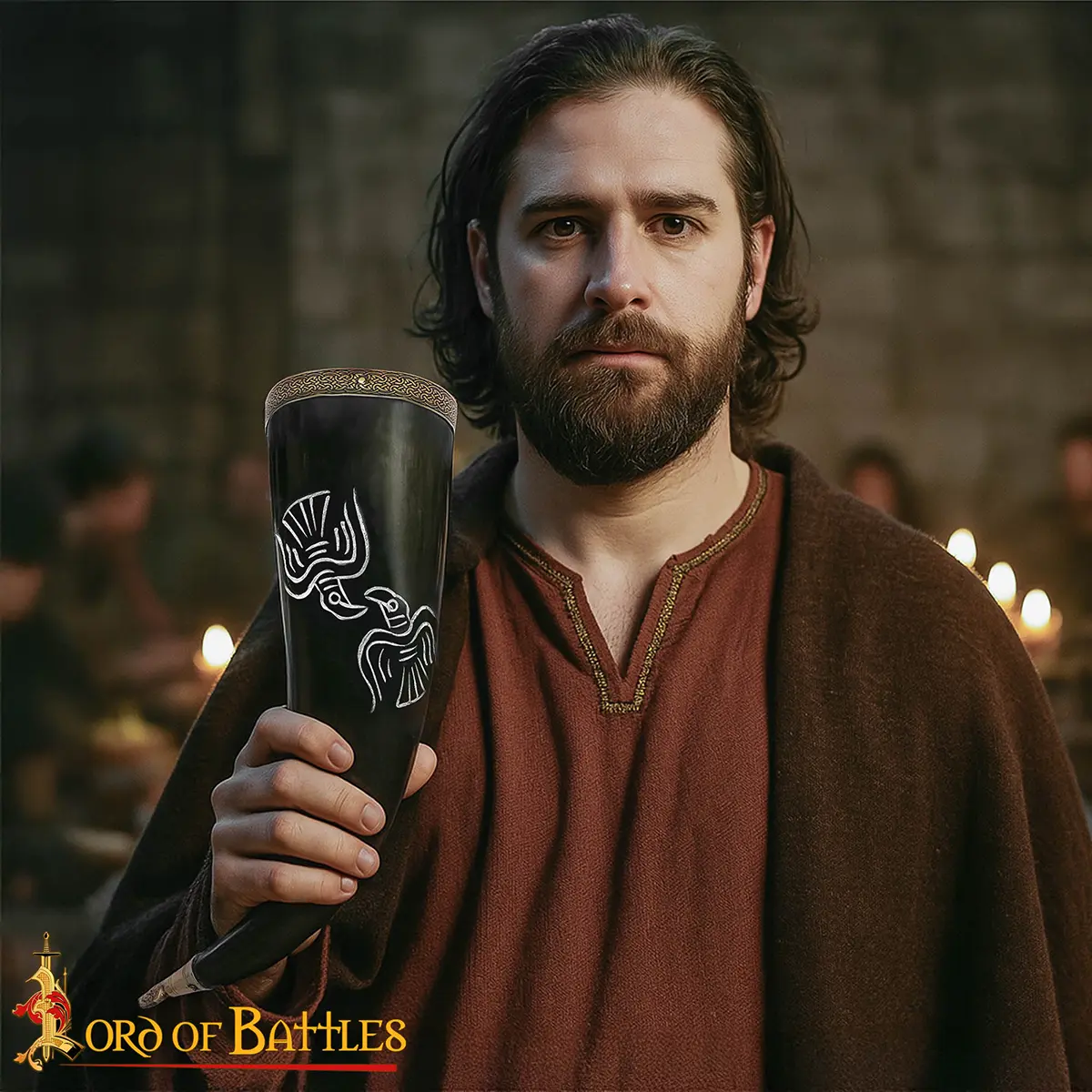 Engraved Viking Drinking Horn -Polished Ox Horn with Brass Rim & Tip | Norse Bird Motif - Image 2