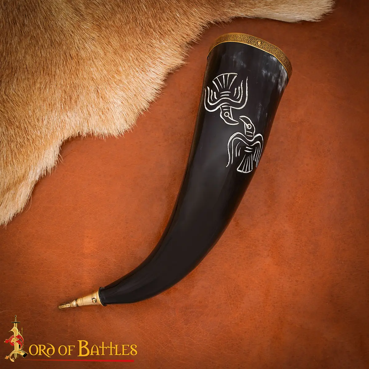 Engraved Viking Drinking Horn -Polished Ox Horn with Brass Rim & Tip | Norse Bird Motif - Image 3