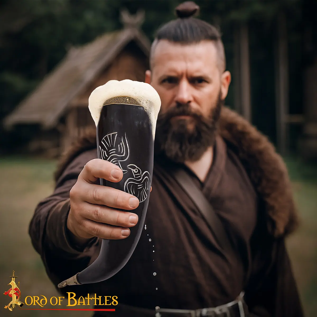 Engraved Viking Drinking Horn -Polished Ox Horn with Brass Rim & Tip | Norse Bird Motif - Image 4