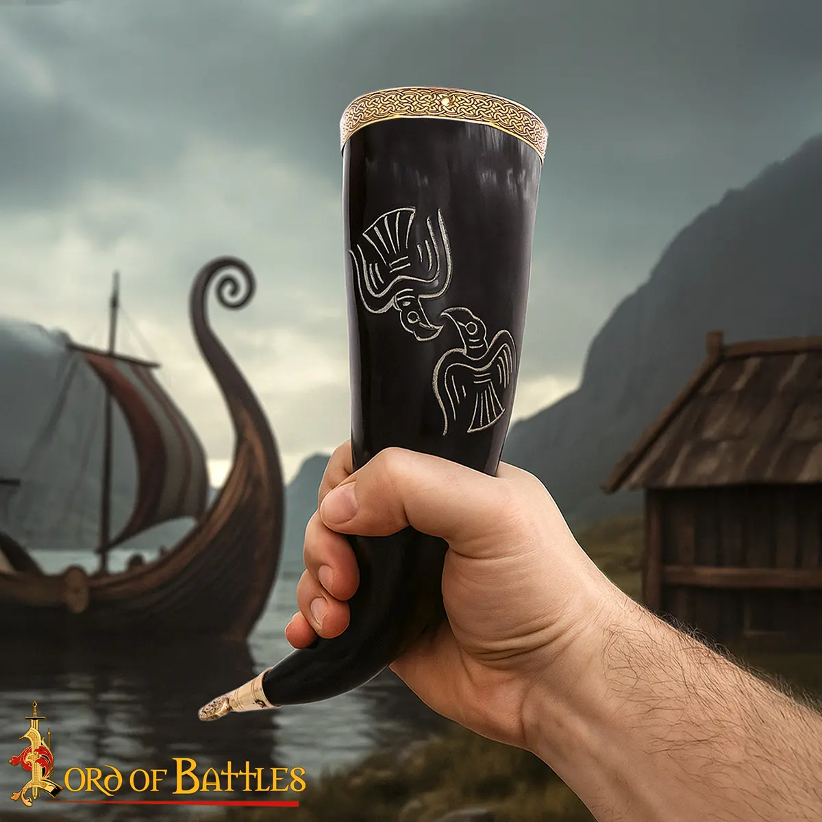 Engraved Viking Drinking Horn -Polished Ox Horn with Brass Rim & Tip | Norse Bird Motif - Image 6