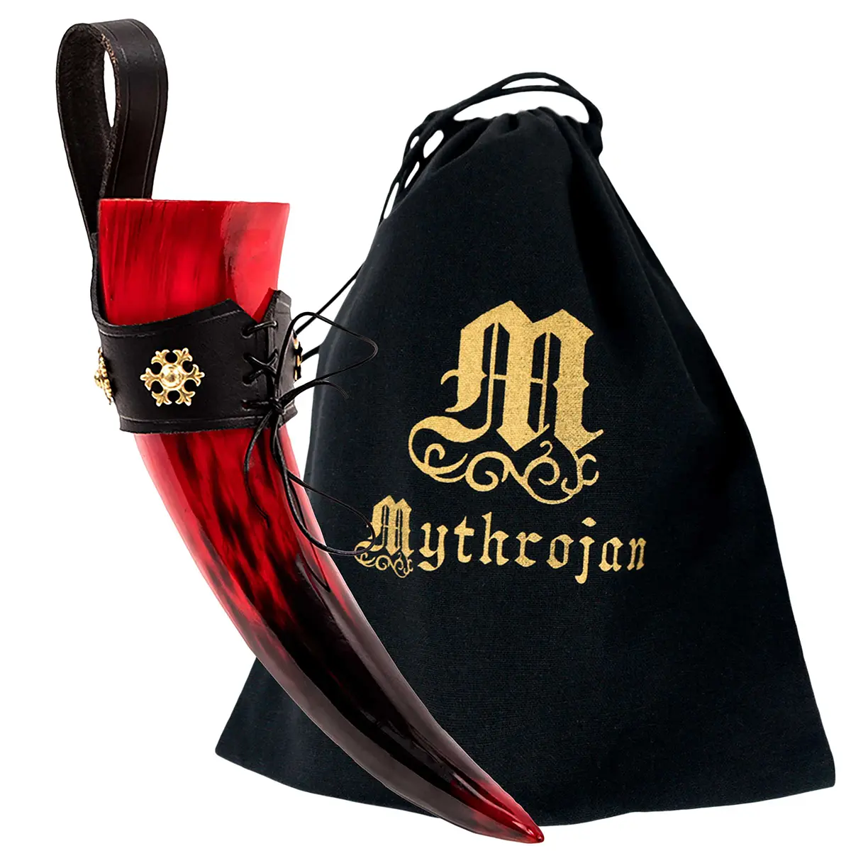 Red Witcher Viking Polished Drinking Ox Horn with Black Leather Holder