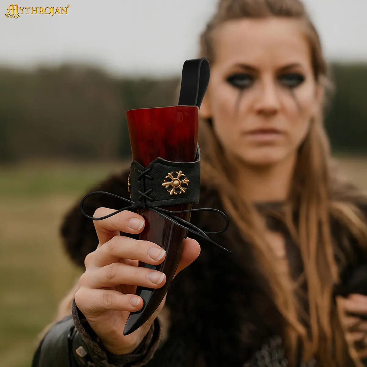 Red Witcher Viking Polished Drinking Ox Horn with Black Leather Holder - Image 2