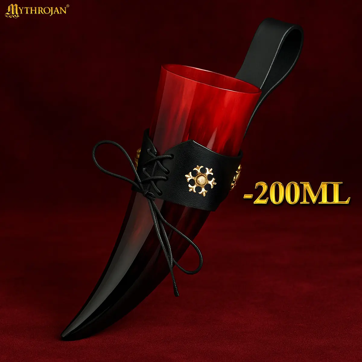 Red Witcher Viking Polished Drinking Ox Horn with Black Leather Holder - Image 3