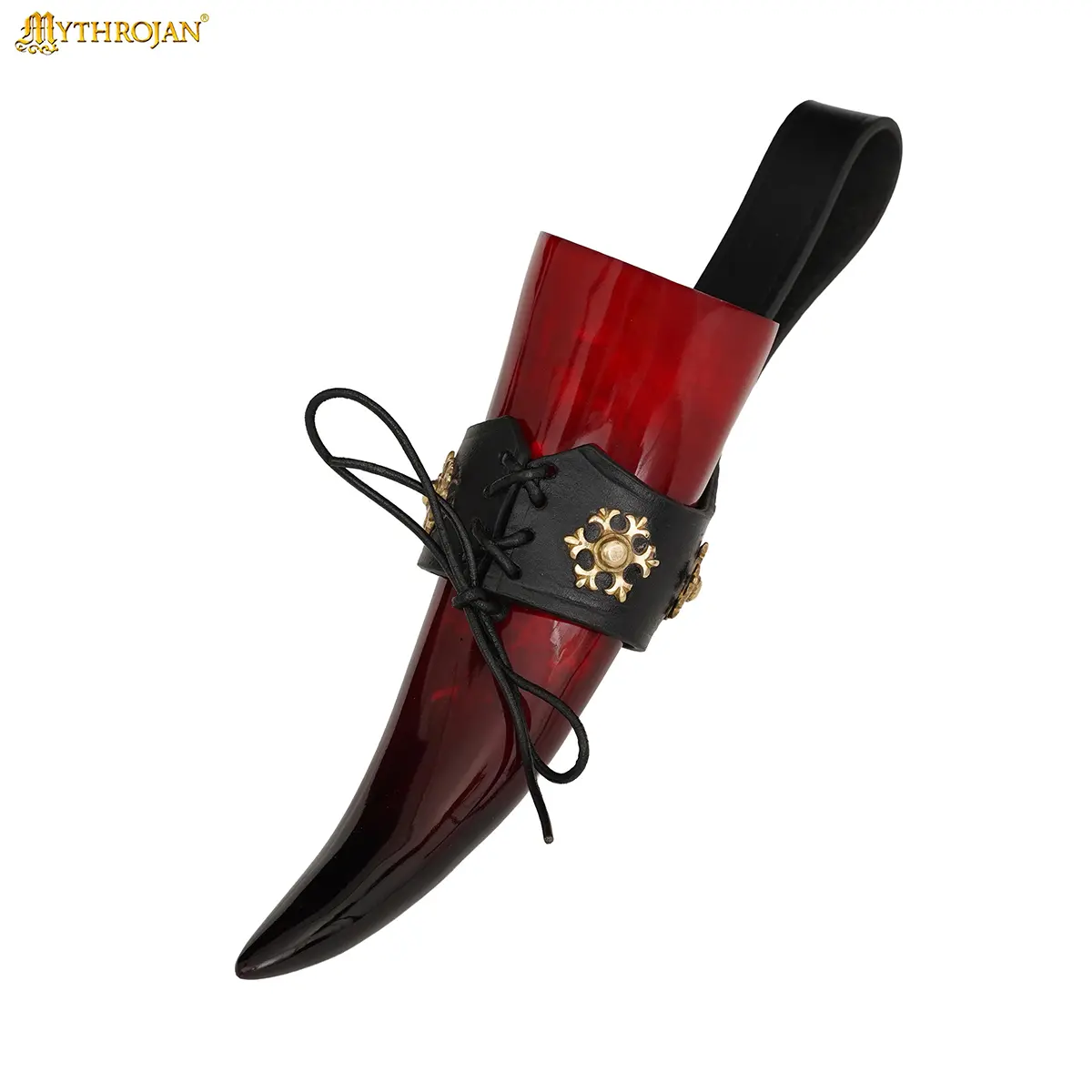 Red Witcher Viking Polished Drinking Ox Horn with Black Leather Holder - Image 4