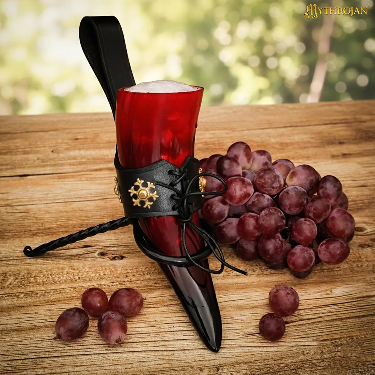 Red Witcher Viking Polished Drinking Ox Horn with Black Leather Holder - Image 5