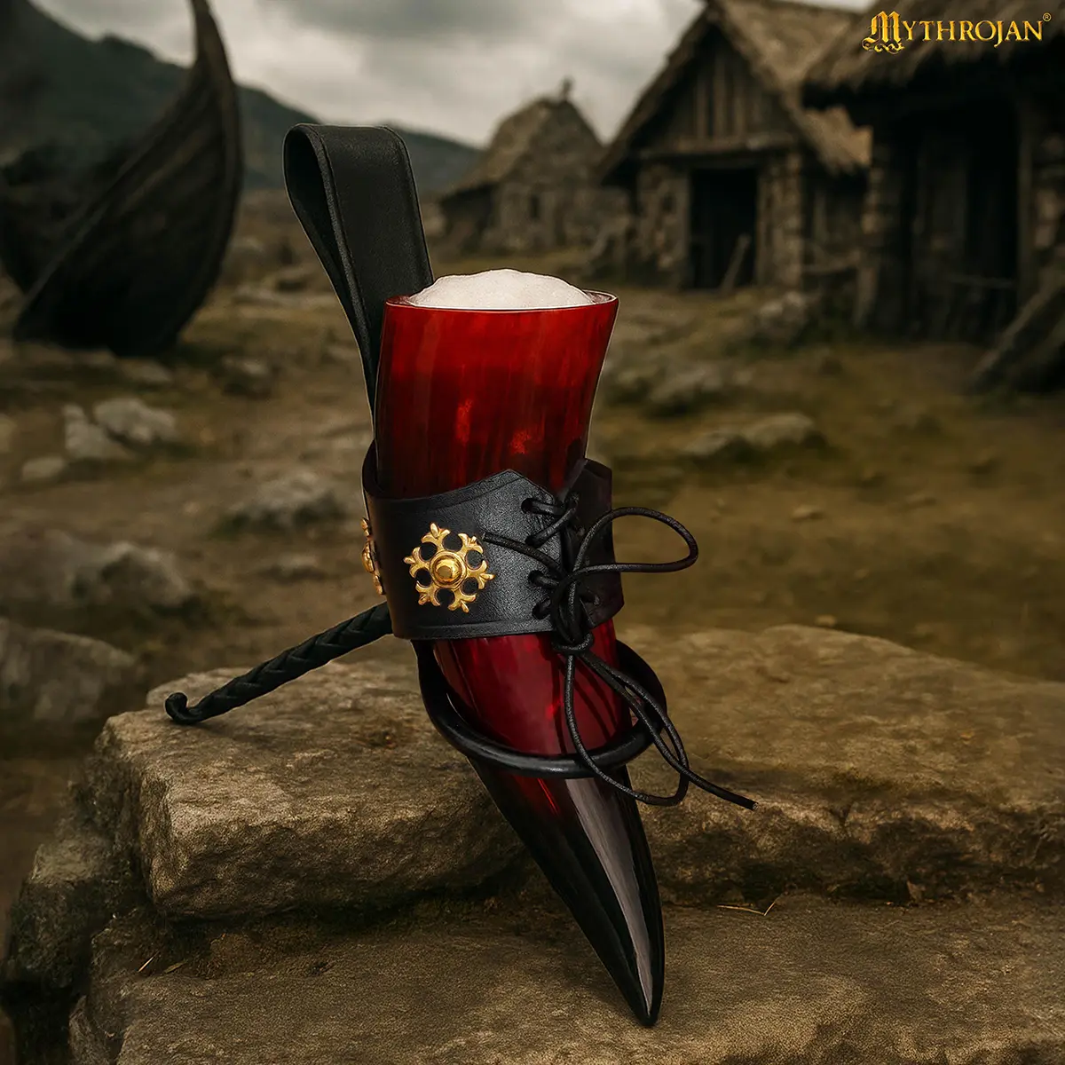 Red Witcher Viking Polished Drinking Ox Horn with Black Leather Holder - Image 6