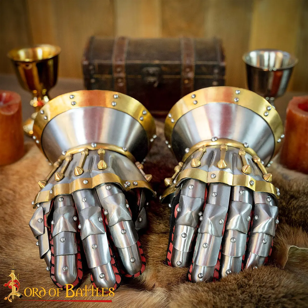 Medieval Hourglass Gauntlets 16 Gauge Steel with Brass Accents & Integrated Suede Leather Gloves Armor - Image 2