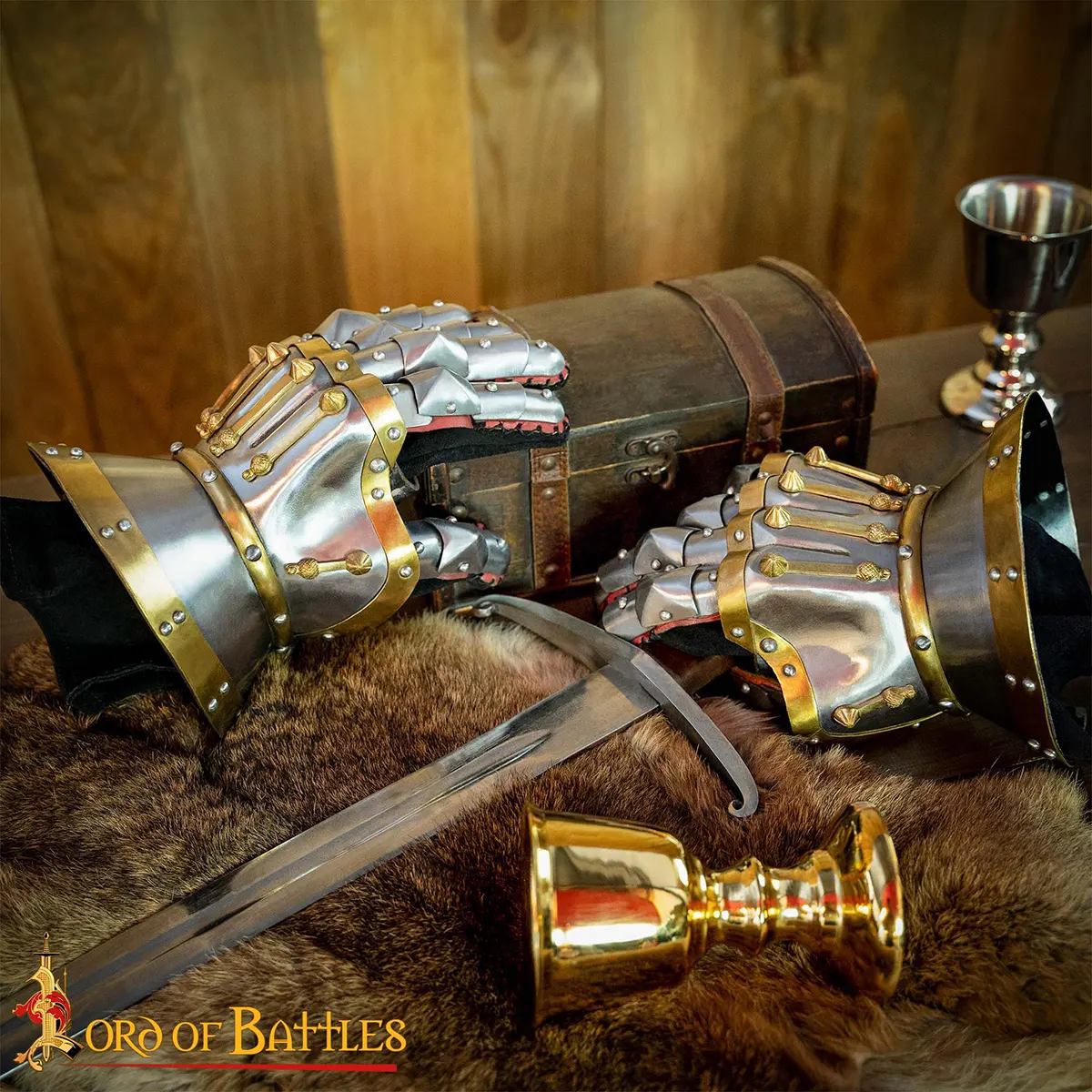 Medieval Hourglass Gauntlets 16 Gauge Steel with Brass Accents & Integrated Suede Leather Gloves Armor - Image 7