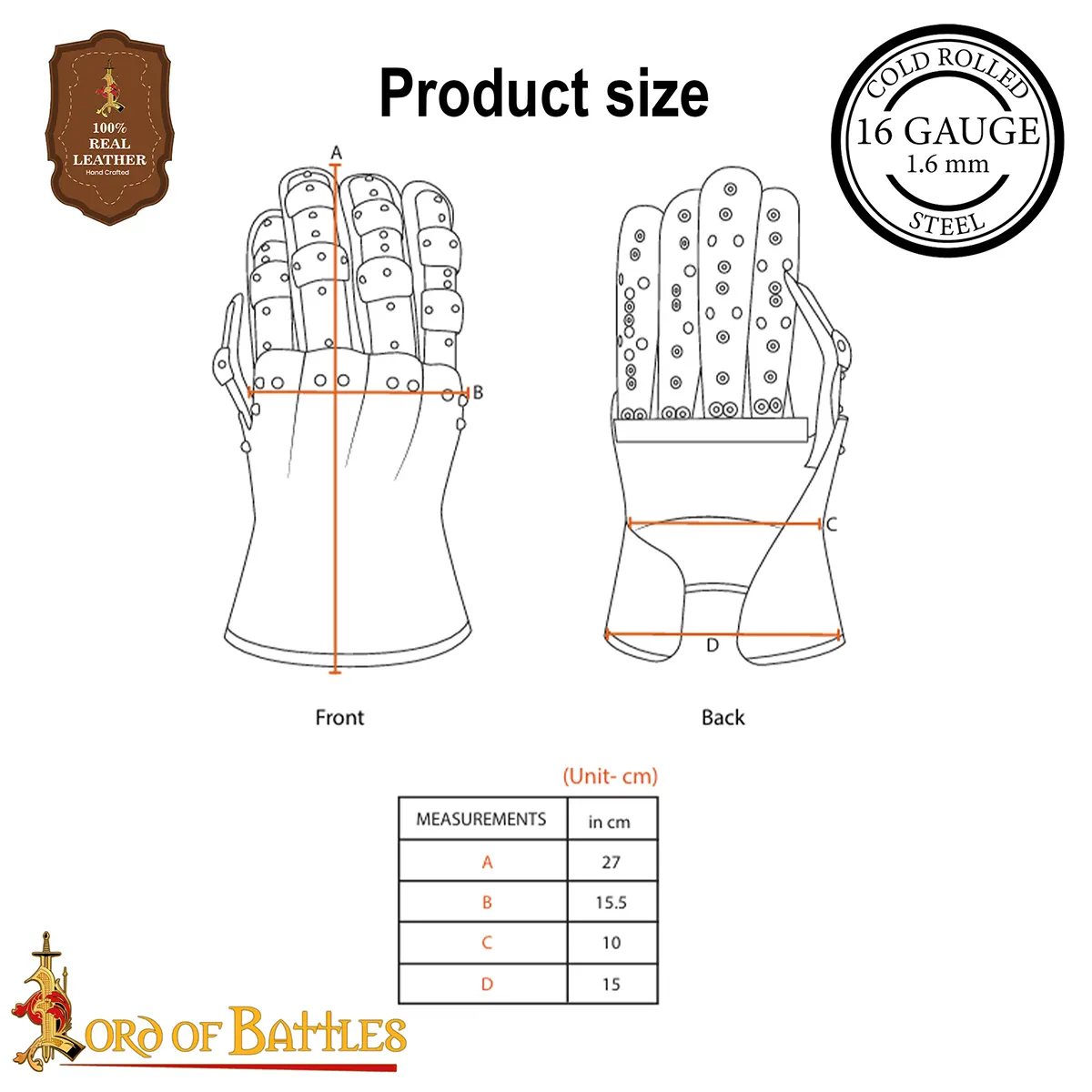 Medieval Hourglass Gauntlets 16 Gauge Steel with Brass Accents & Integrated Suede Leather Gloves Armor - Image 3