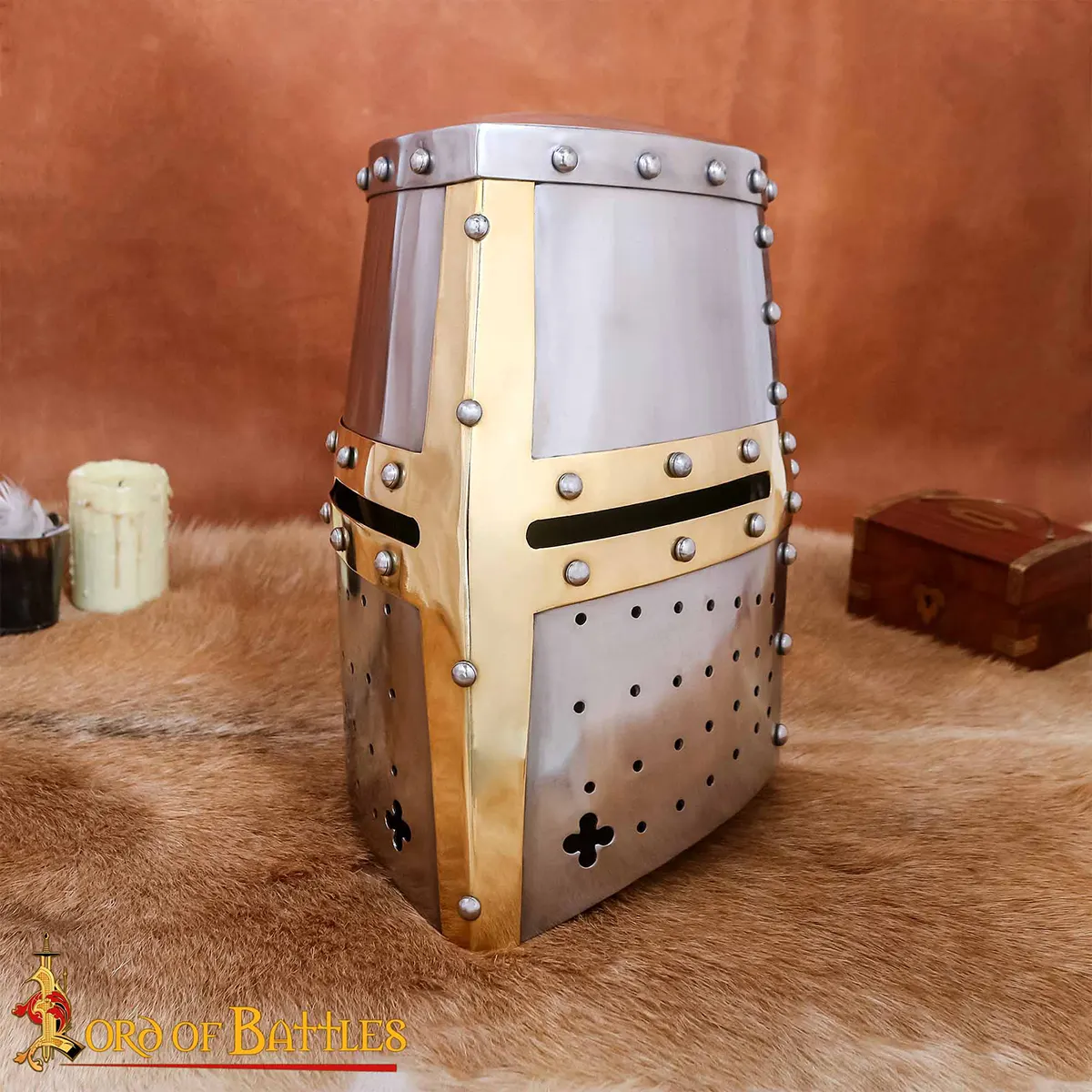 Crusader Knight Pot Helm Battle Ready with Brass Cross – 16 Gauge Steel Helmet - Image 2