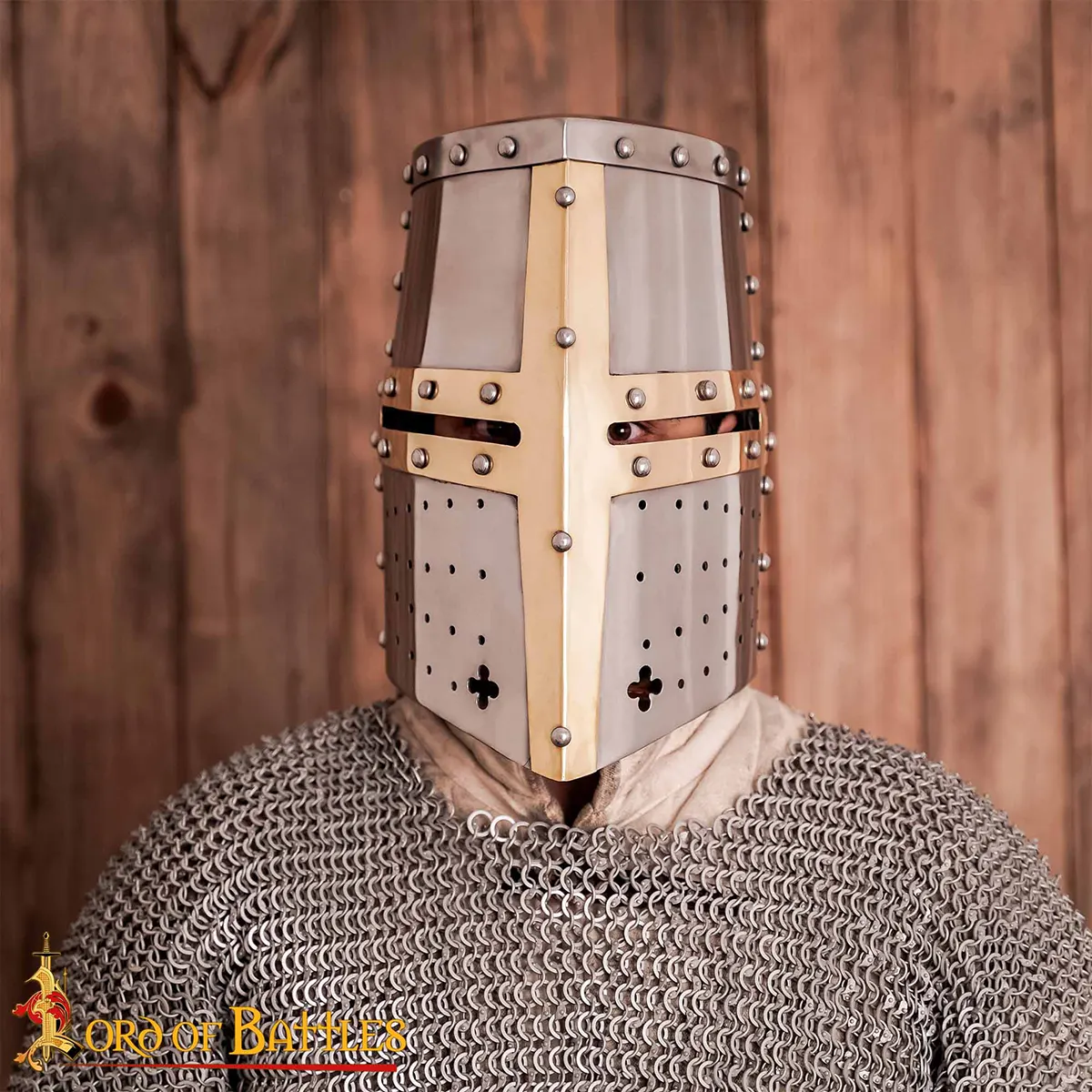 Crusader Knight Pot Helm Battle Ready with Brass Cross – 16 Gauge Steel Helmet - Image 4