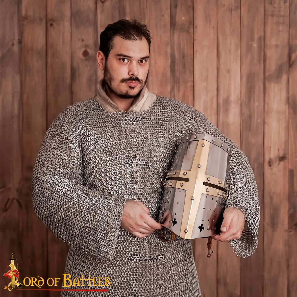 Crusader Knight Pot Helm Battle Ready with Brass Cross – 16 Gauge Steel Helmet - Image 5