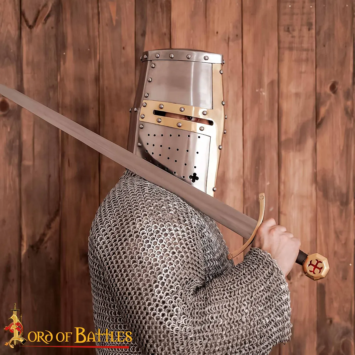 Crusader Knight Pot Helm Battle Ready with Brass Cross – 16 Gauge Steel Helmet - Image 7