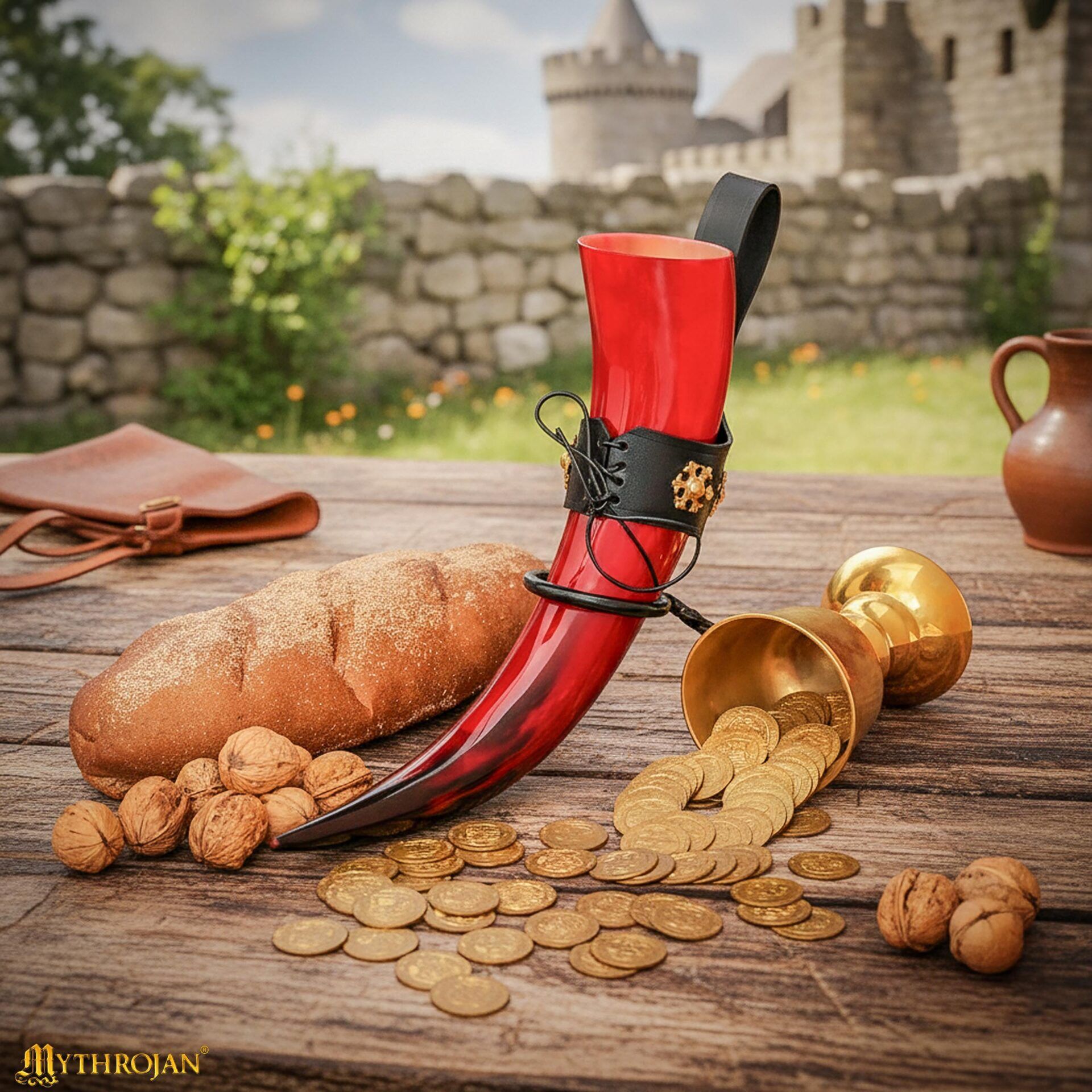Red Viking Polished Drinking Ox Horn with Black Leather Holder Horn