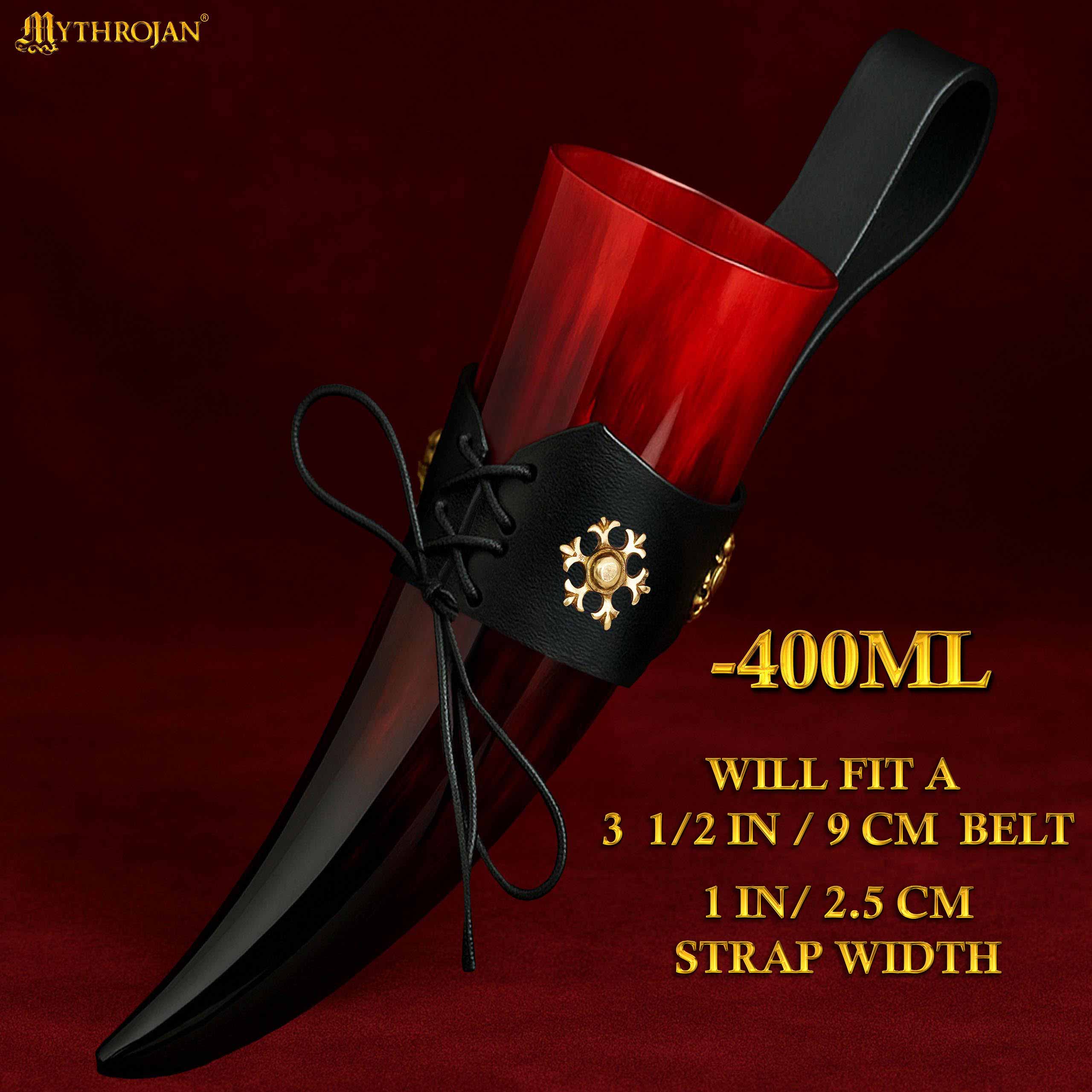 Red Viking Polished Drinking Ox Horn with Black Leather Holder Horn