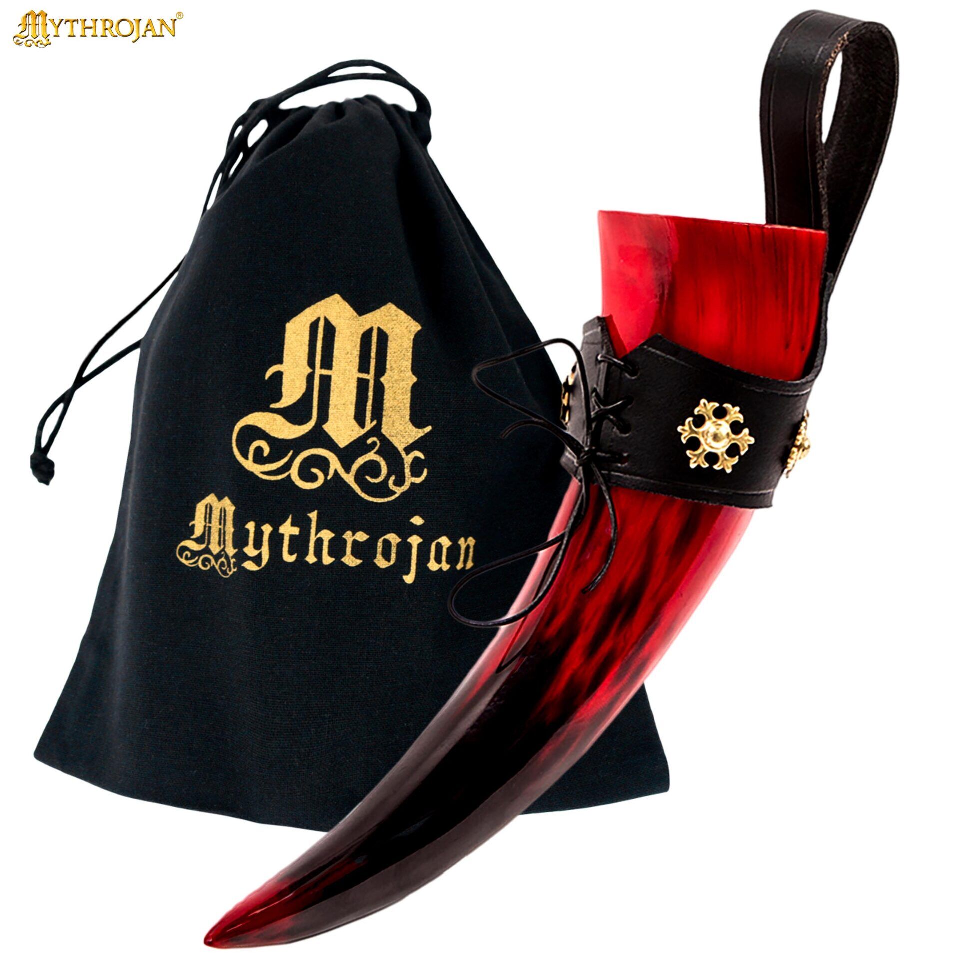 Red Viking Polished Drinking Ox Horn with Black Leather Holder Horn