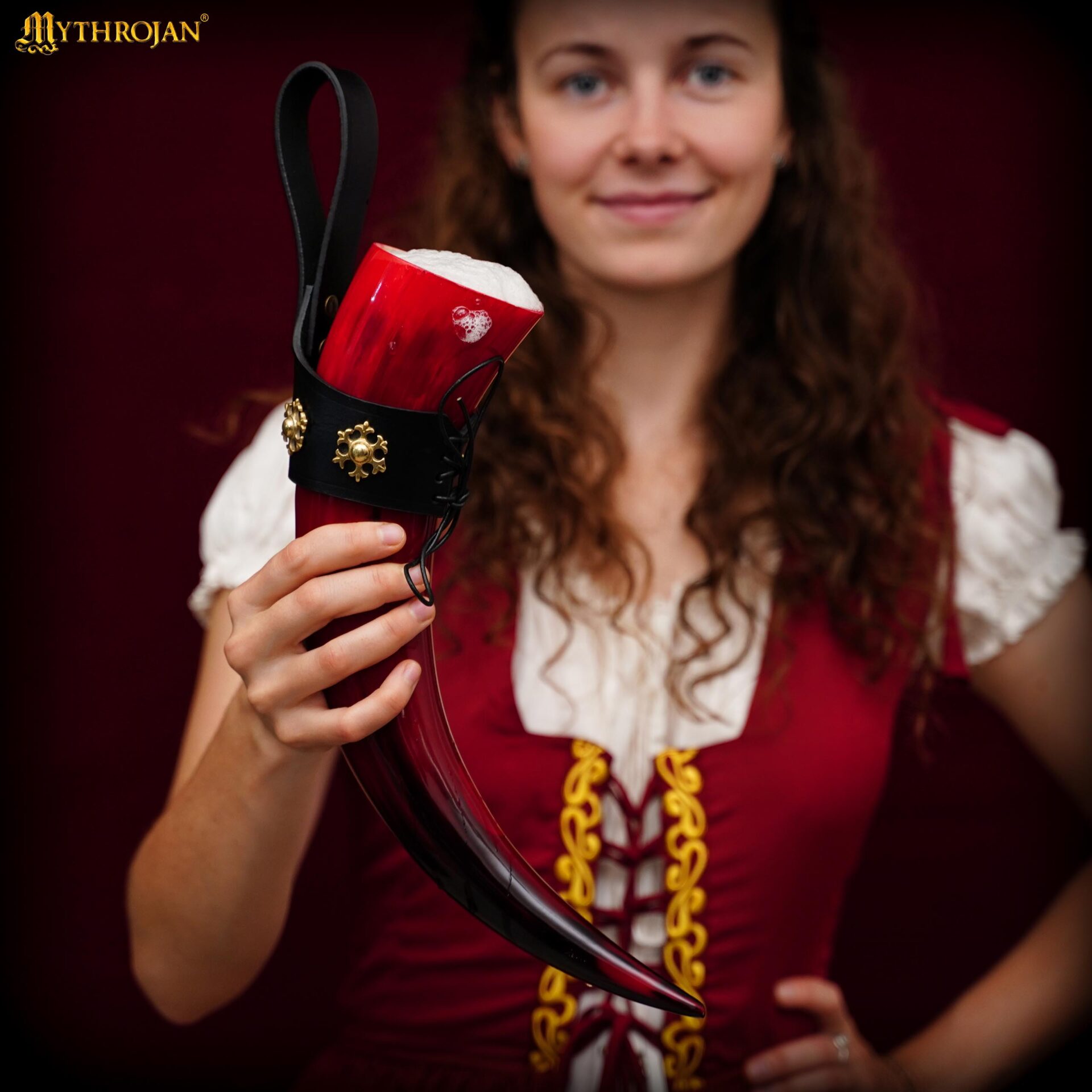 Red Viking Polished Drinking Ox Horn with Black Leather Holder Horn