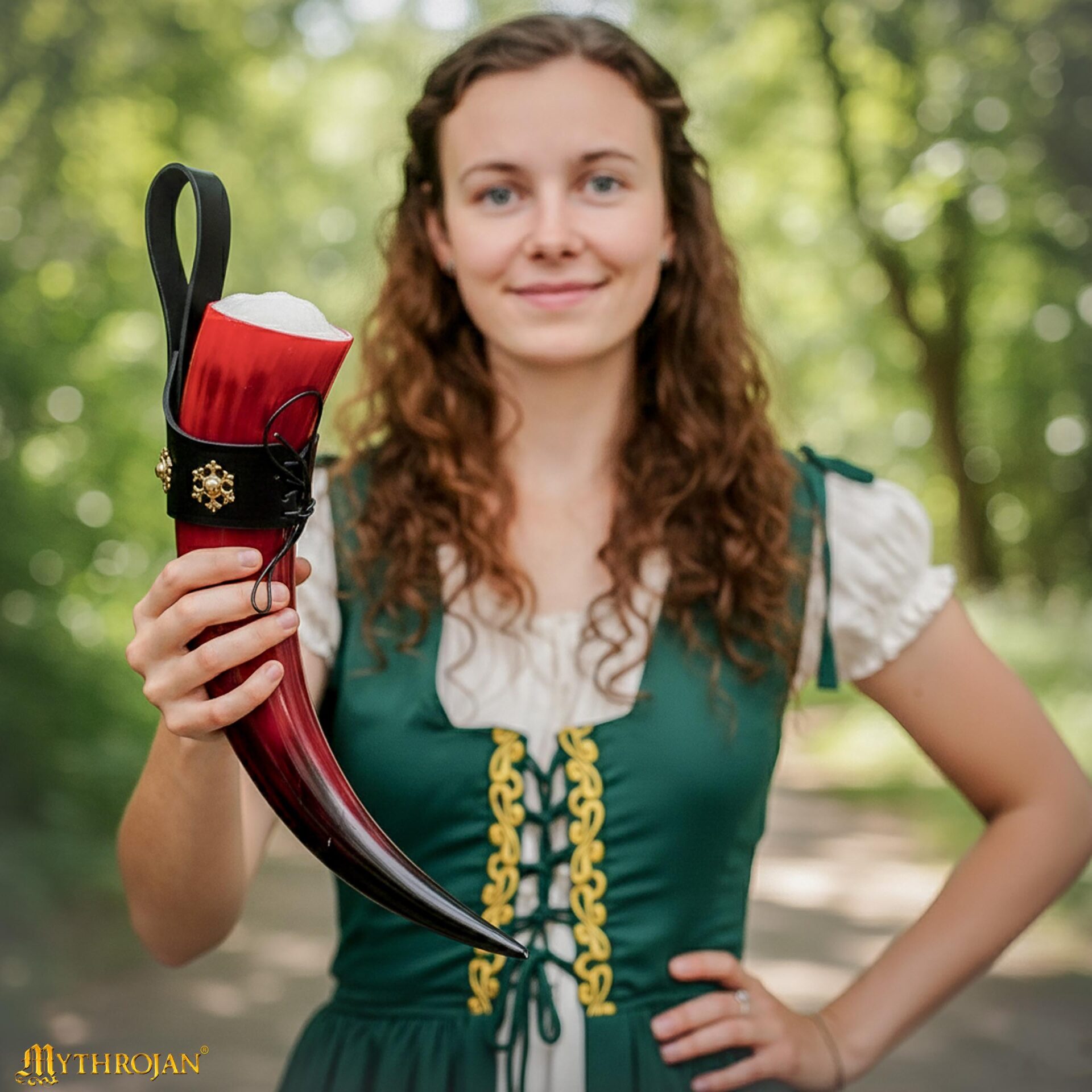 Red Viking Polished Drinking Ox Horn with Black Leather Holder Horn