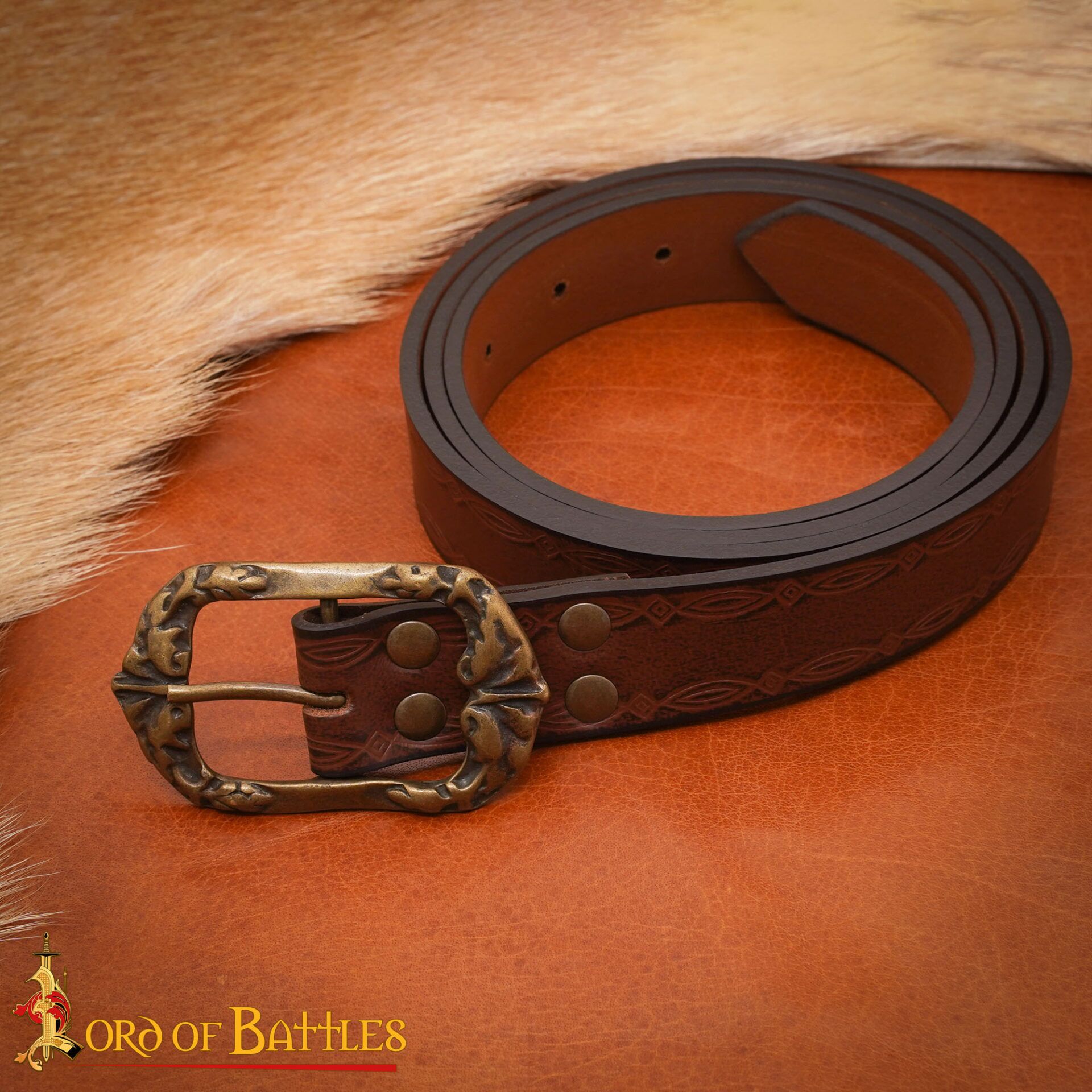 13th–15th Century Medieval Brown Leather Belt with Brass Buckle – Embossed Historical Waist Belt for Reenactment and Costume Accessories-26064BR Genuine Leather Belt
