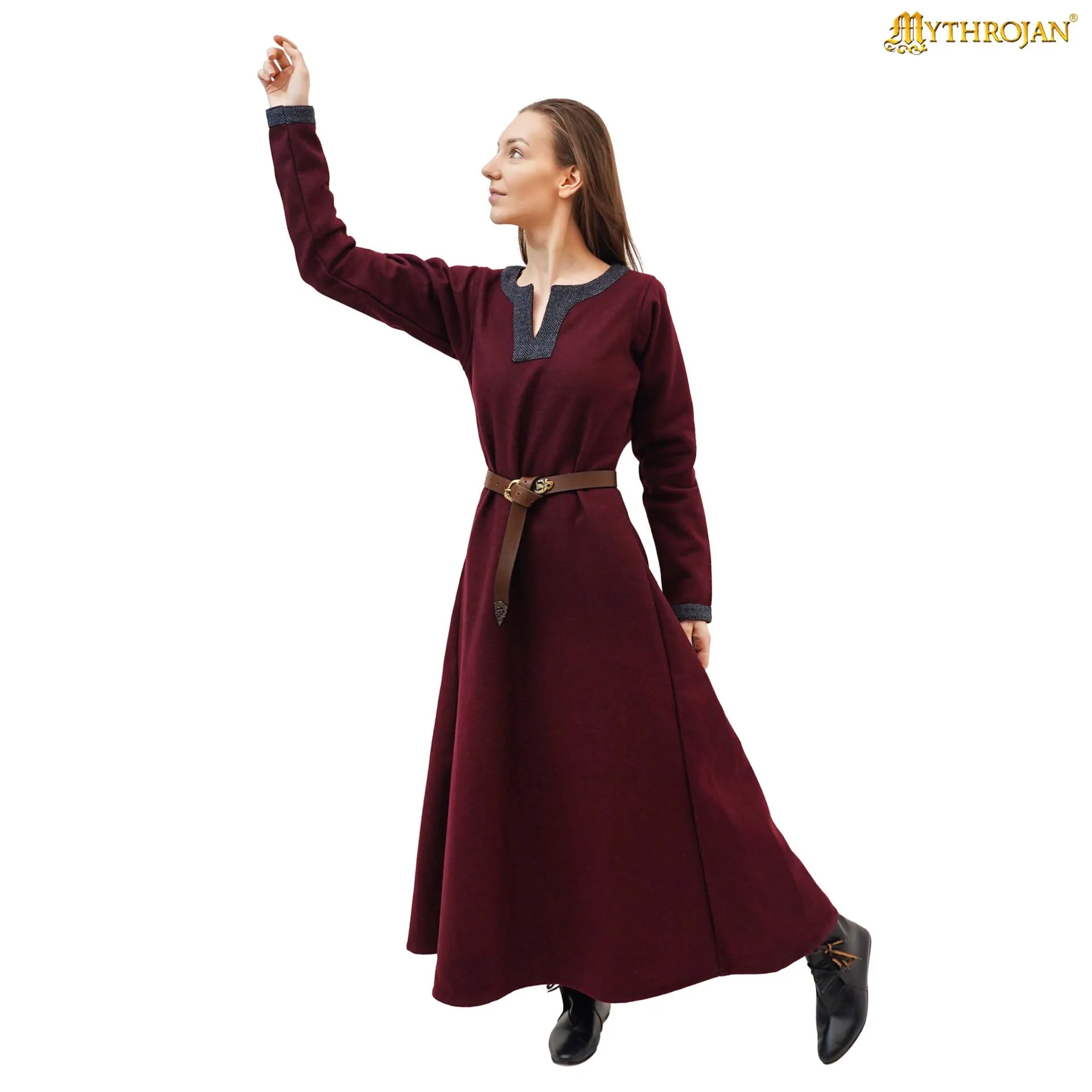 Ingrid the Shieldmaiden Viking Dress - Recycled Wool with Diamond Twill Trim, Early Medieval - 301133WRBL 3 Viking Woolen Dress