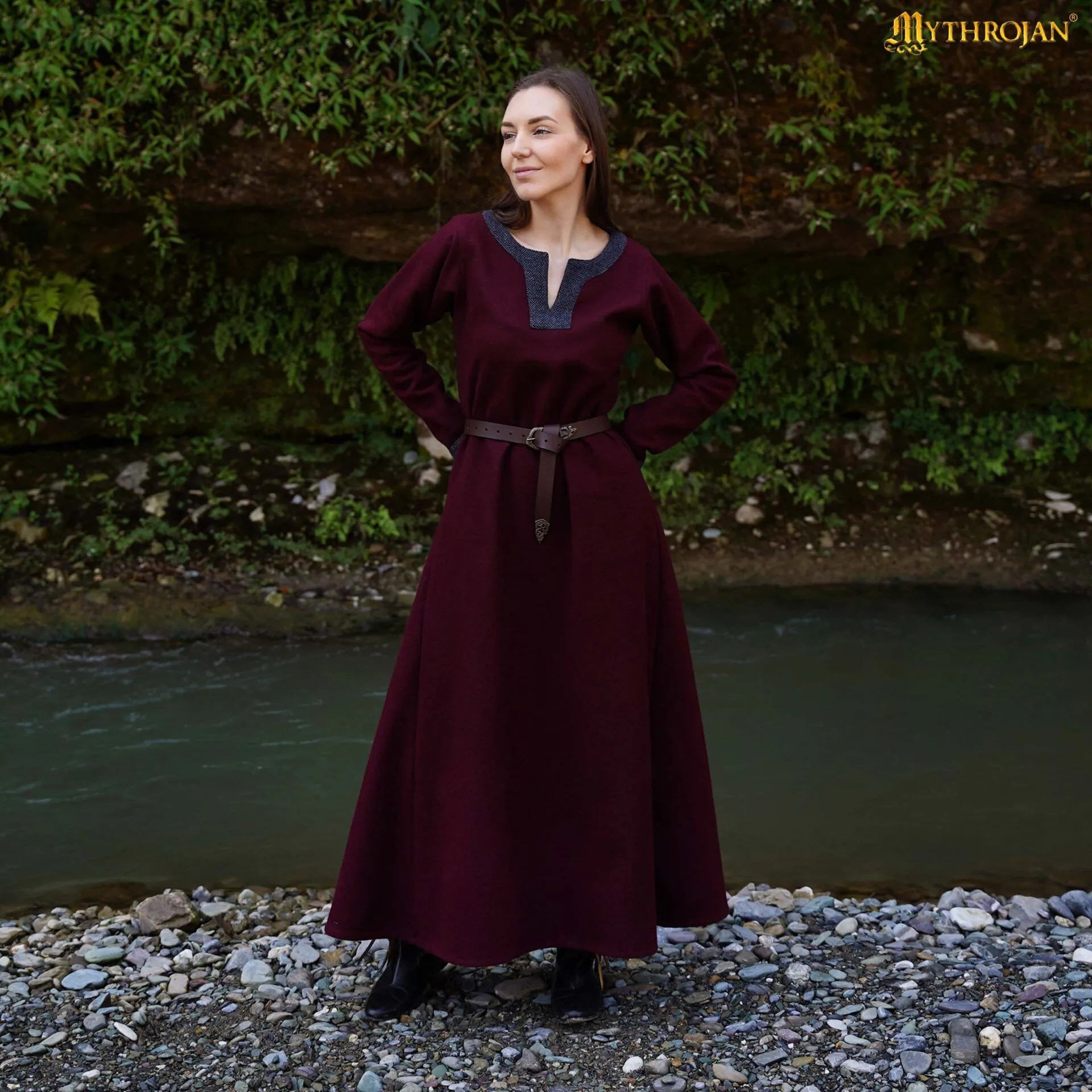 Ingrid the Shieldmaiden Viking Dress - Recycled Wool with Diamond Twill Trim, Early Medieval - 301133WRBL Viking Woolen Dress