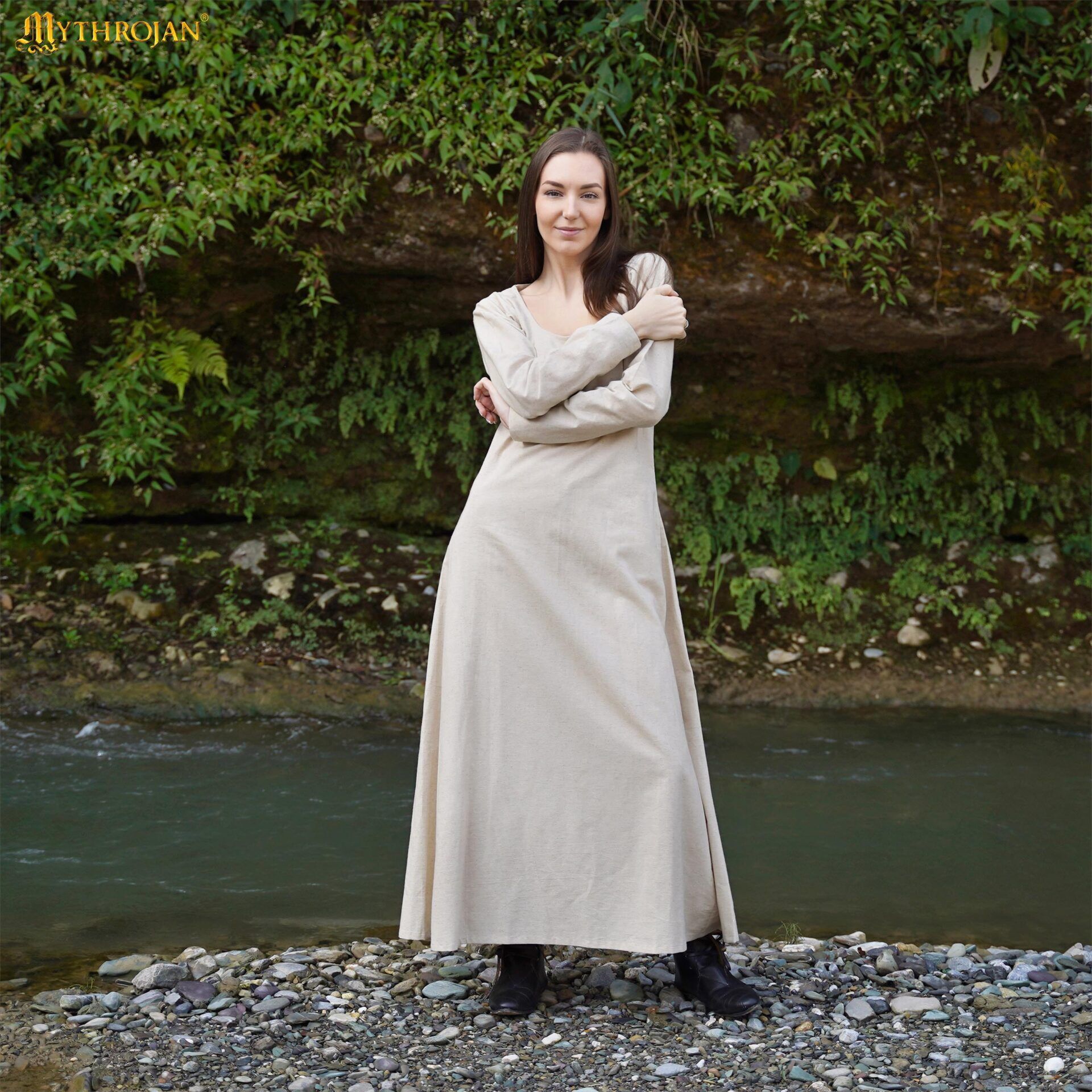 Medieval Linen Round Neck Underdress Natural Long Sleeved Gown - 301115LCN 1 Underdress