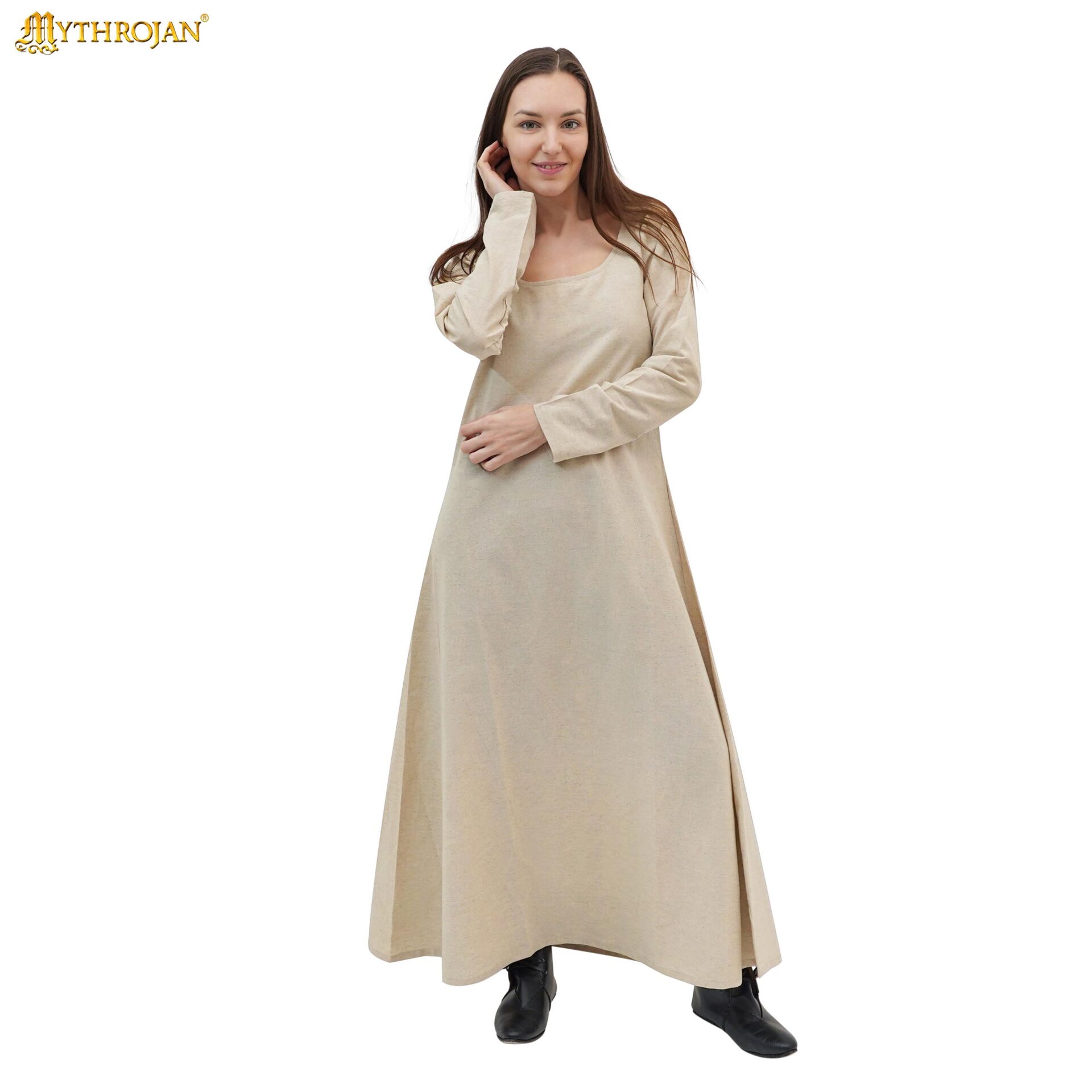 Medieval Linen Round Neck Underdress Natural Long Sleeved Gown - 301115LCN 3 Underdress