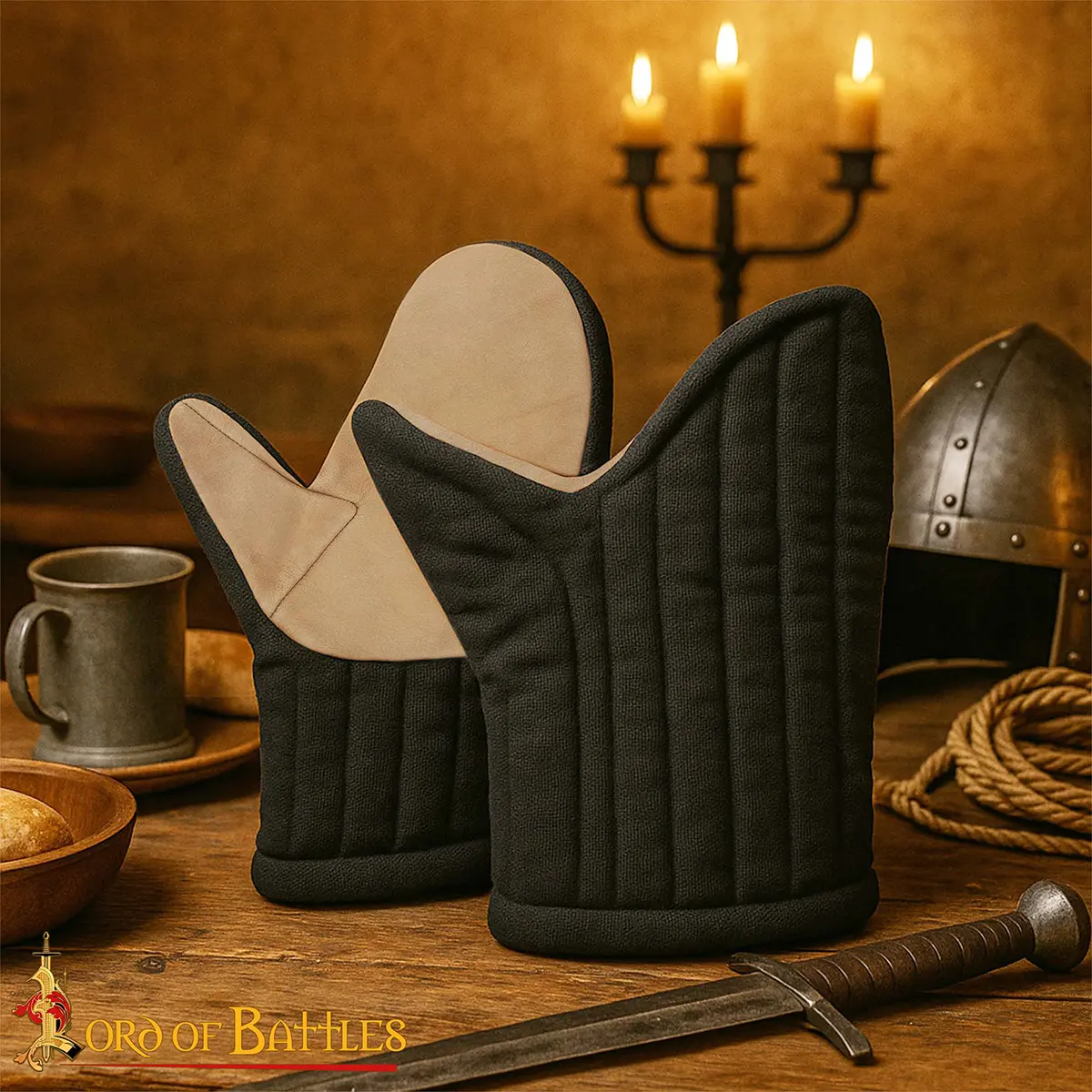 Padded Cotton Canvas Gloves with Leather Grip – Medieval Reenactment Hand Protection - Image 2