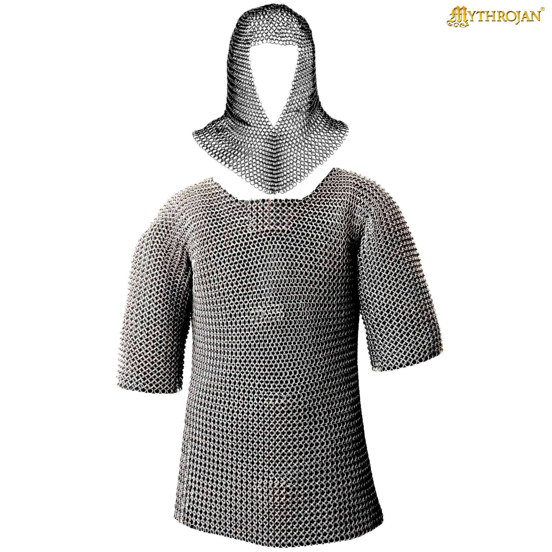half-sleeves-chainmail-shirt-with-coif-mild-steel-butted-10mm-16g-300455 Chainmail Shirt with Coif