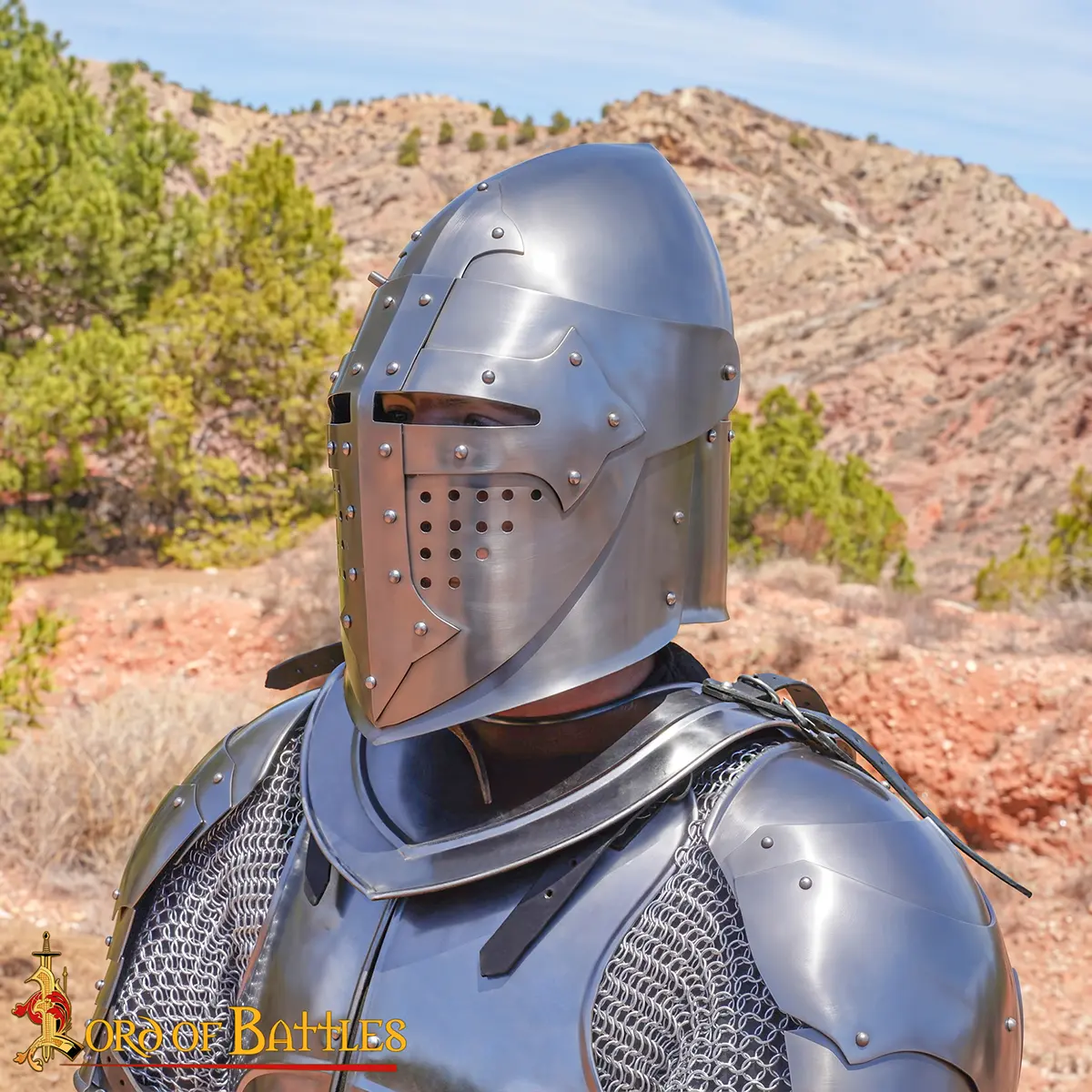 14th Century Knight Visored Bascinet Helmet - Image 9