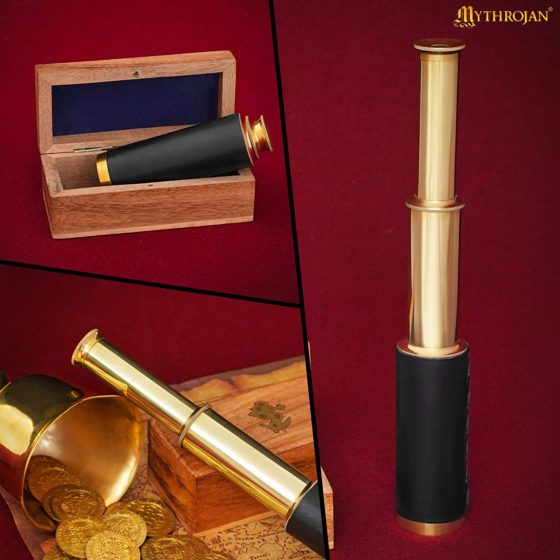 Pirate Brass Telescope with Wooden Box-300055-9 6 Brass Telescope
