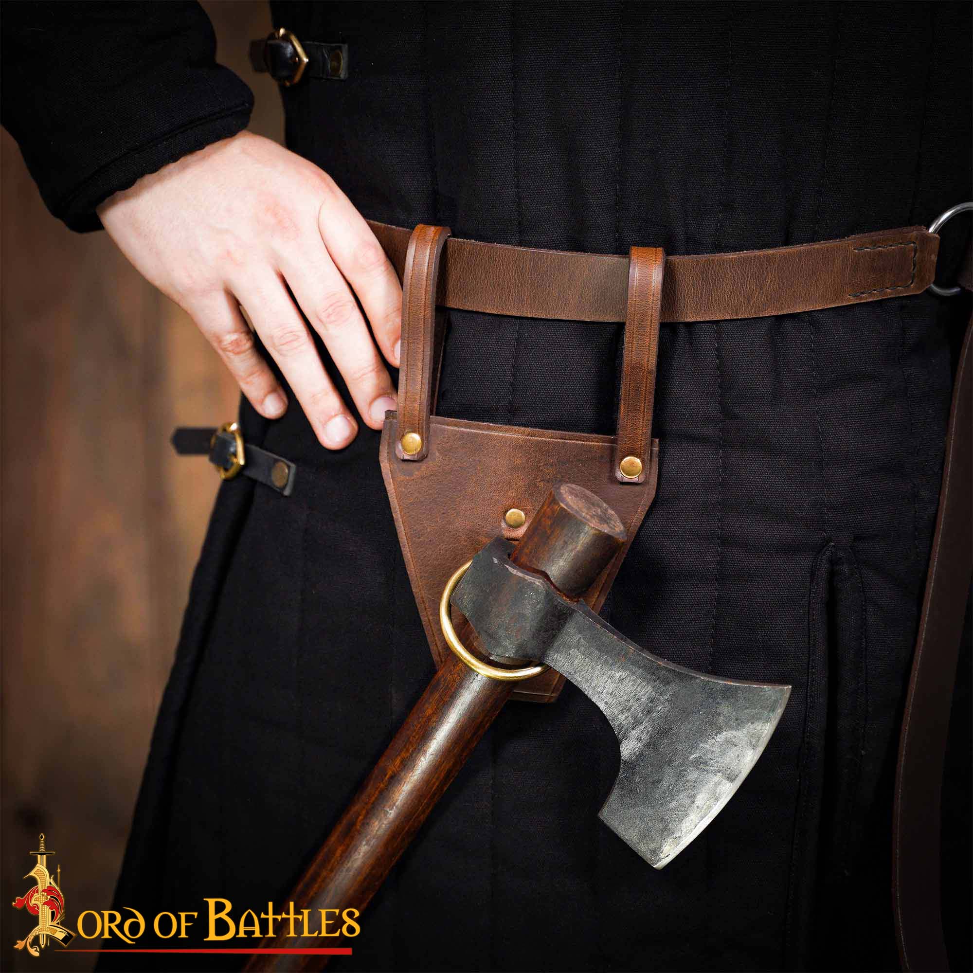 14th Century Medieval Leather Axe Frog with Brass Ring-25959CBR 4 Axe or Mace