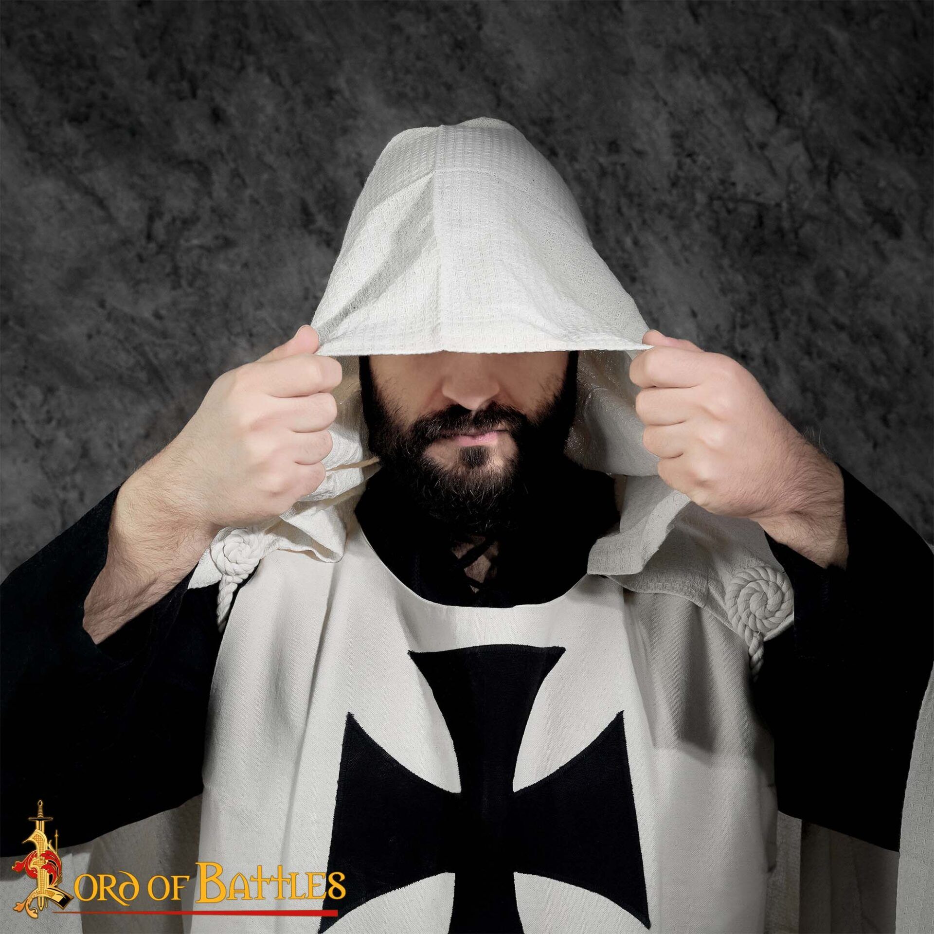 13th Century Templar Knight's Hooded Cape – Cotton Crusader Cloak with Black Cross Teutonic Knights Cape