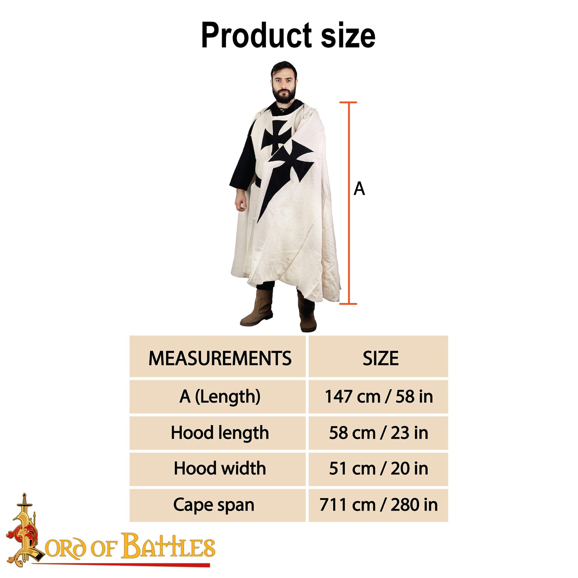 13th Century Templar Knight's Hooded Cape – Cotton Crusader Cloak with Black Cross Teutonic Knights Cape