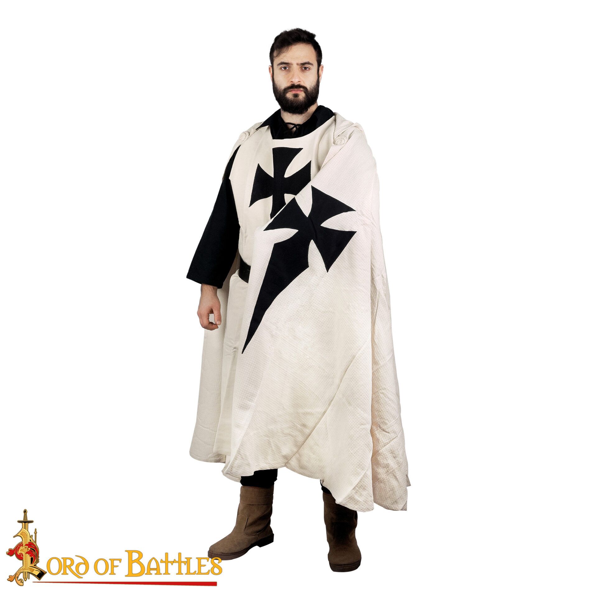 13th Century Templar Knight's Hooded Cape – Cotton Crusader Cloak with Black Cross Teutonic Knights Cape