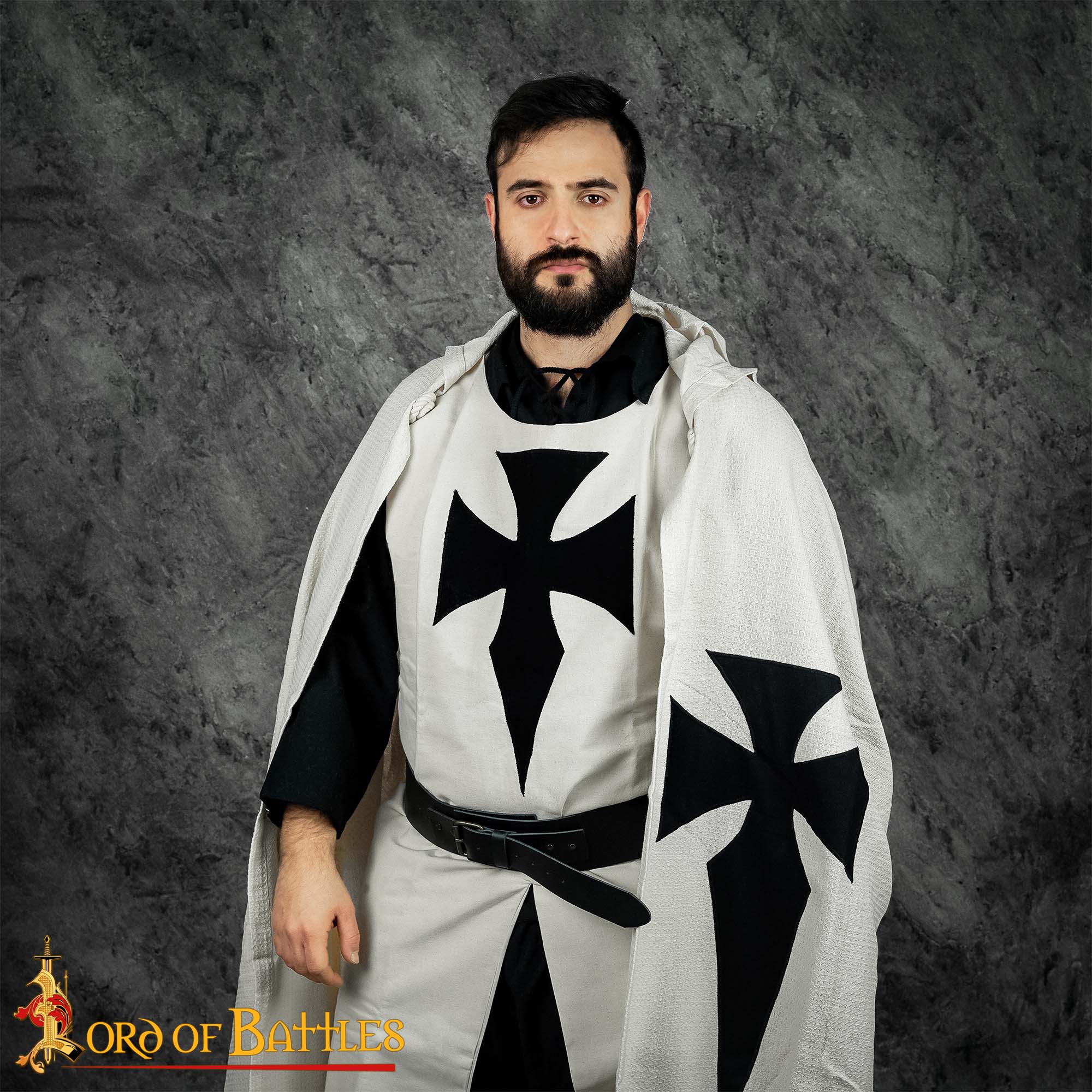 13th Century Templar Knight's Hooded Cape – Cotton Crusader Cloak with Black Cross Teutonic Knights Cape