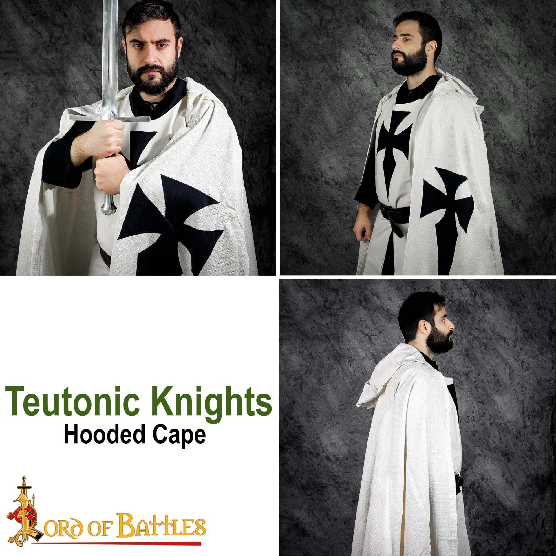 13th Century Templar Knight's Hooded Cape – Cotton Crusader Cloak with Black Cross Teutonic Knights Cape