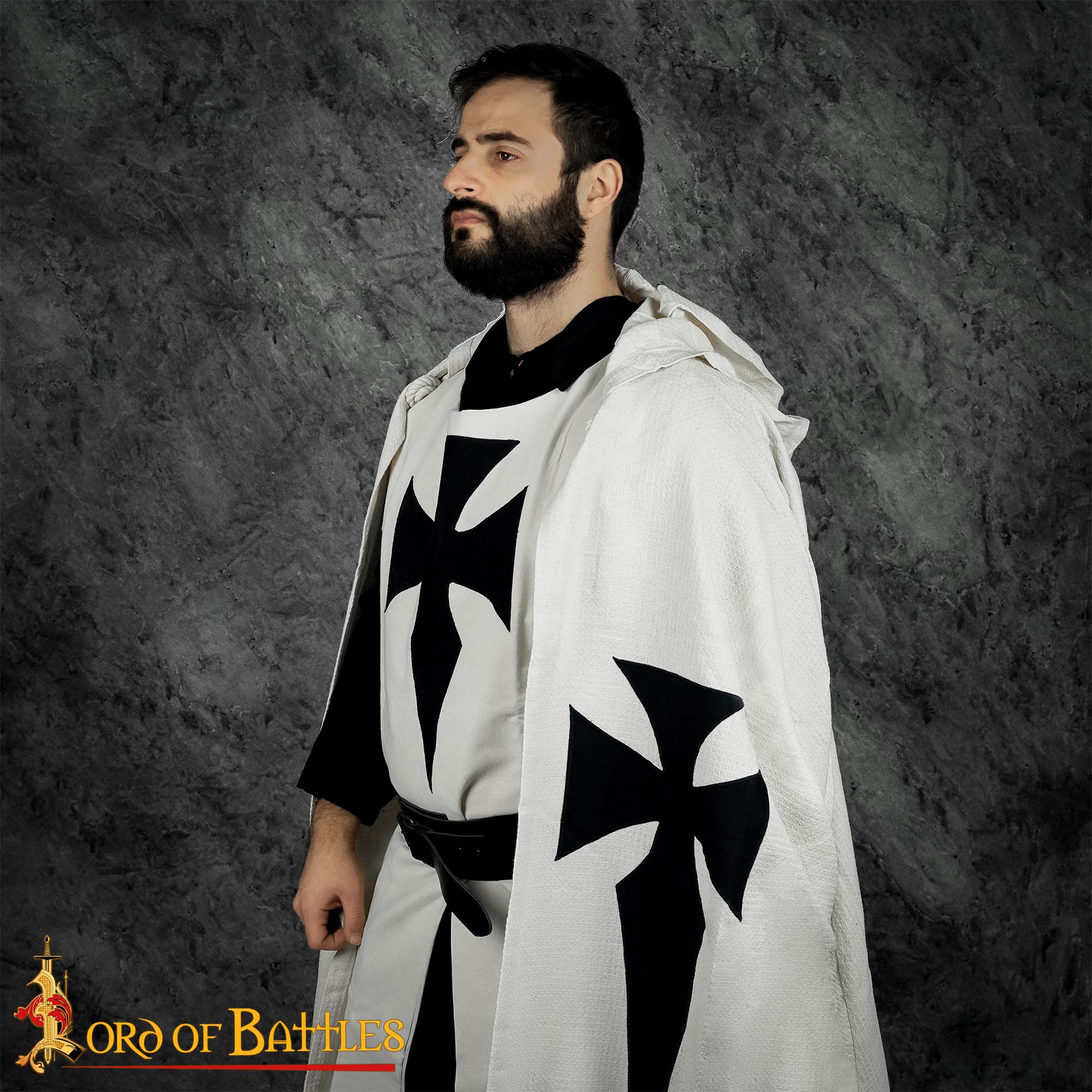 13th Century Templar Knight's Hooded Cape – Cotton Crusader Cloak with Black Cross Teutonic Knights Cape