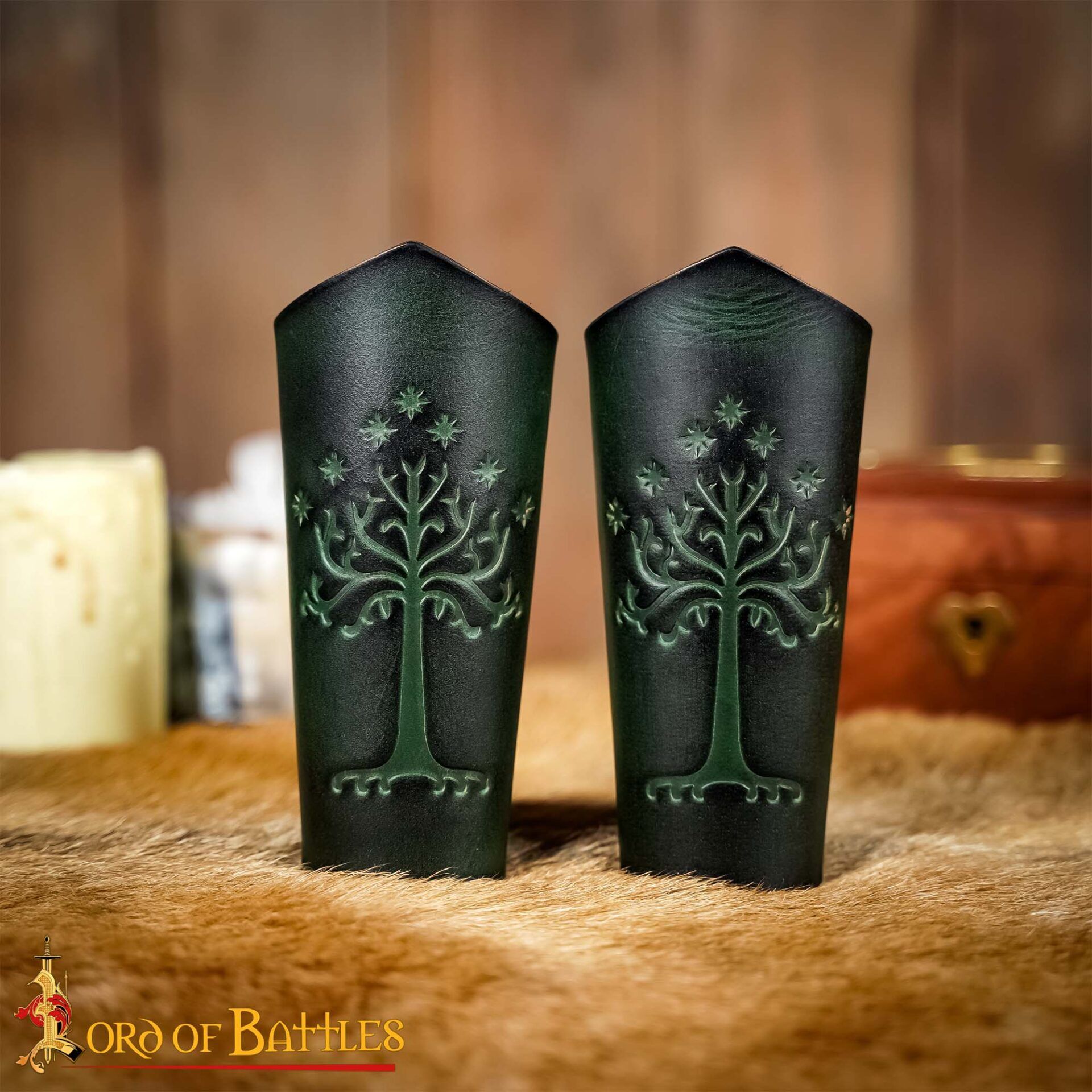 25908GR_5 Genuine Leather Bracers with Embossed Tree of Gondor Motif