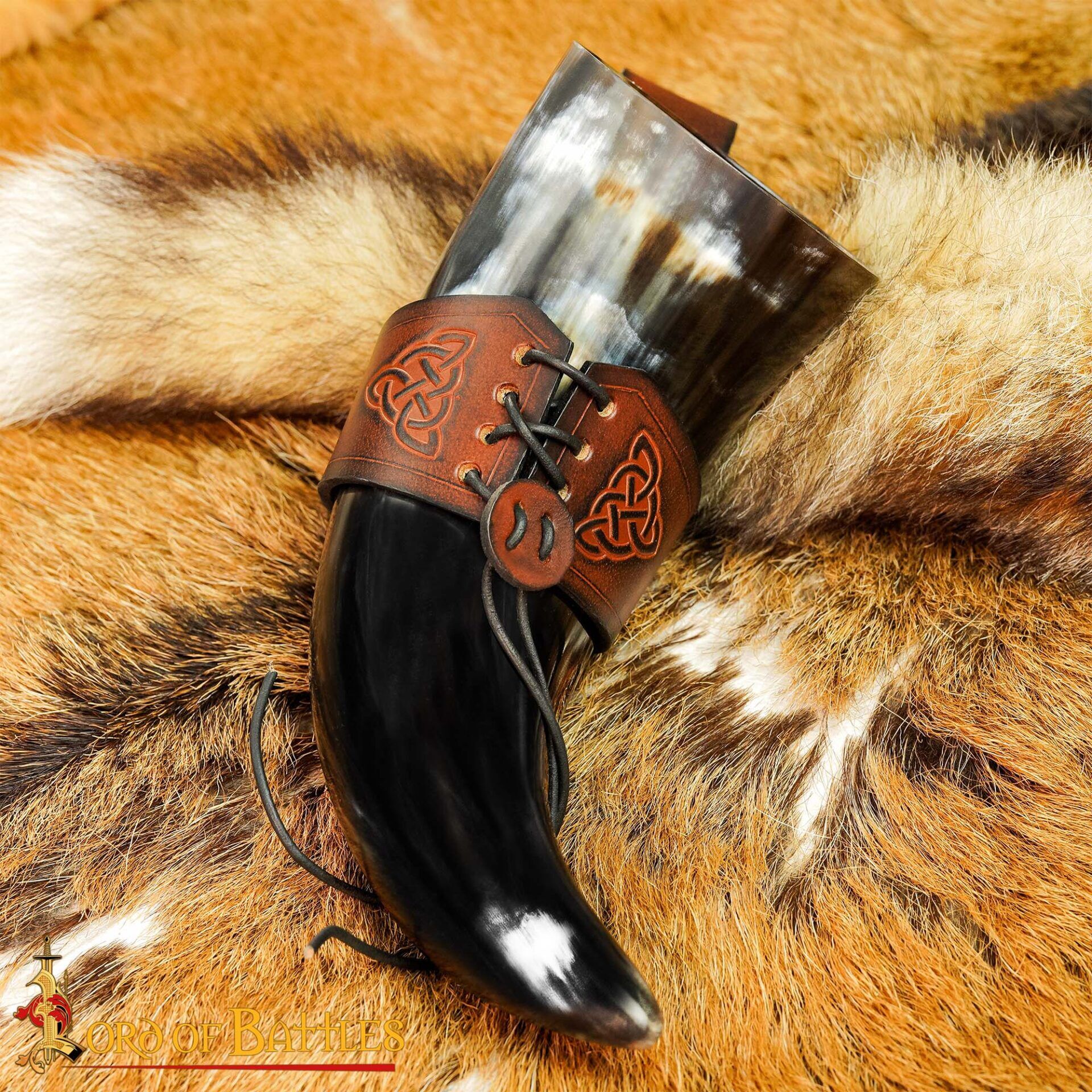 12th–14th Century Medieval Leather Drinking Horn Holder – Celtic Knot Belt Frog-26087BRS 1 horn holder